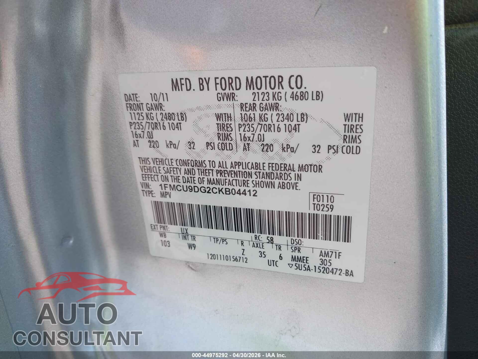 FORD ESCAPE 2012 - 1FMCU9DG2CKB04412
