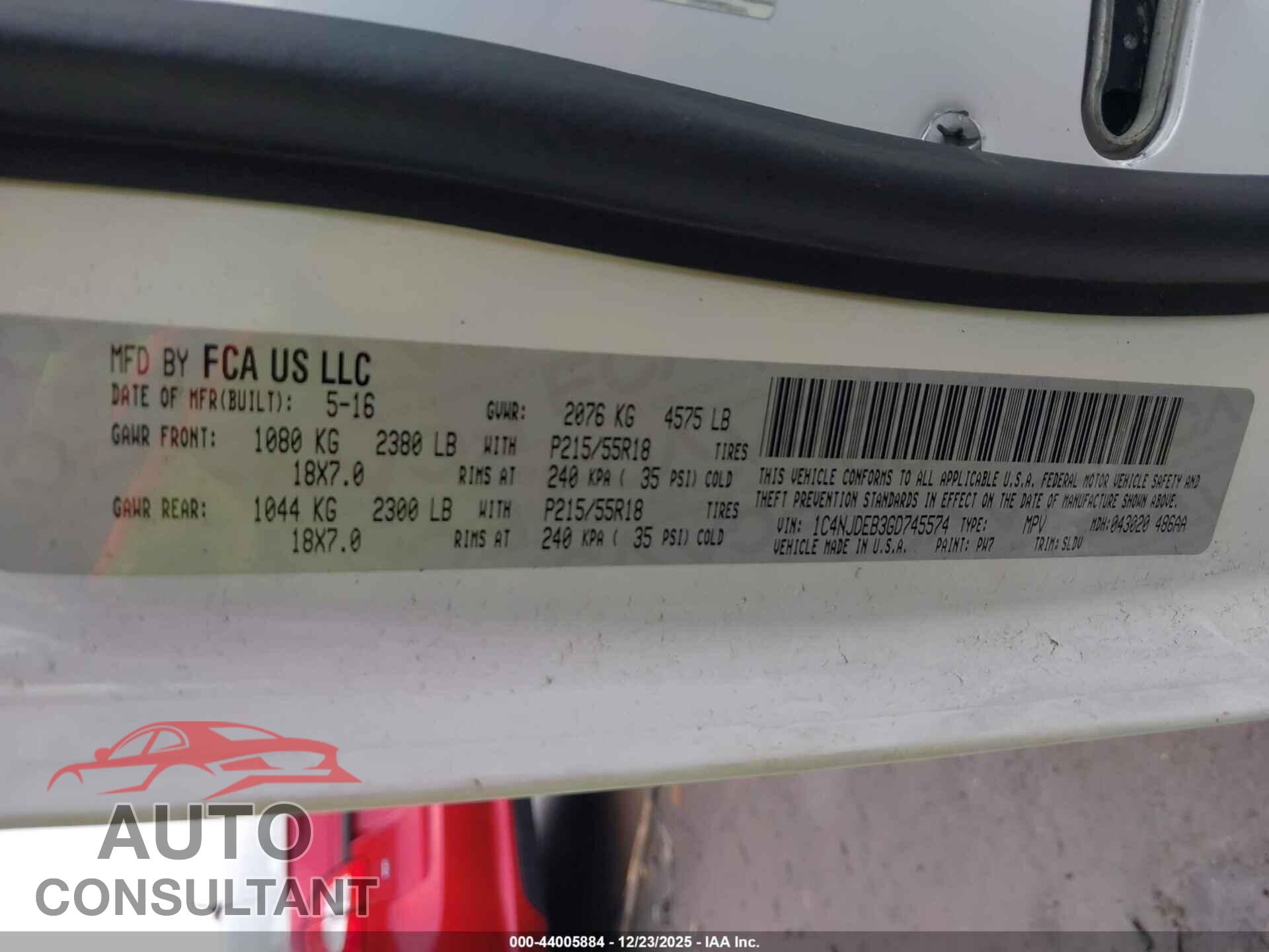 JEEP COMPASS 2016 - 1C4NJDEB3GD745574