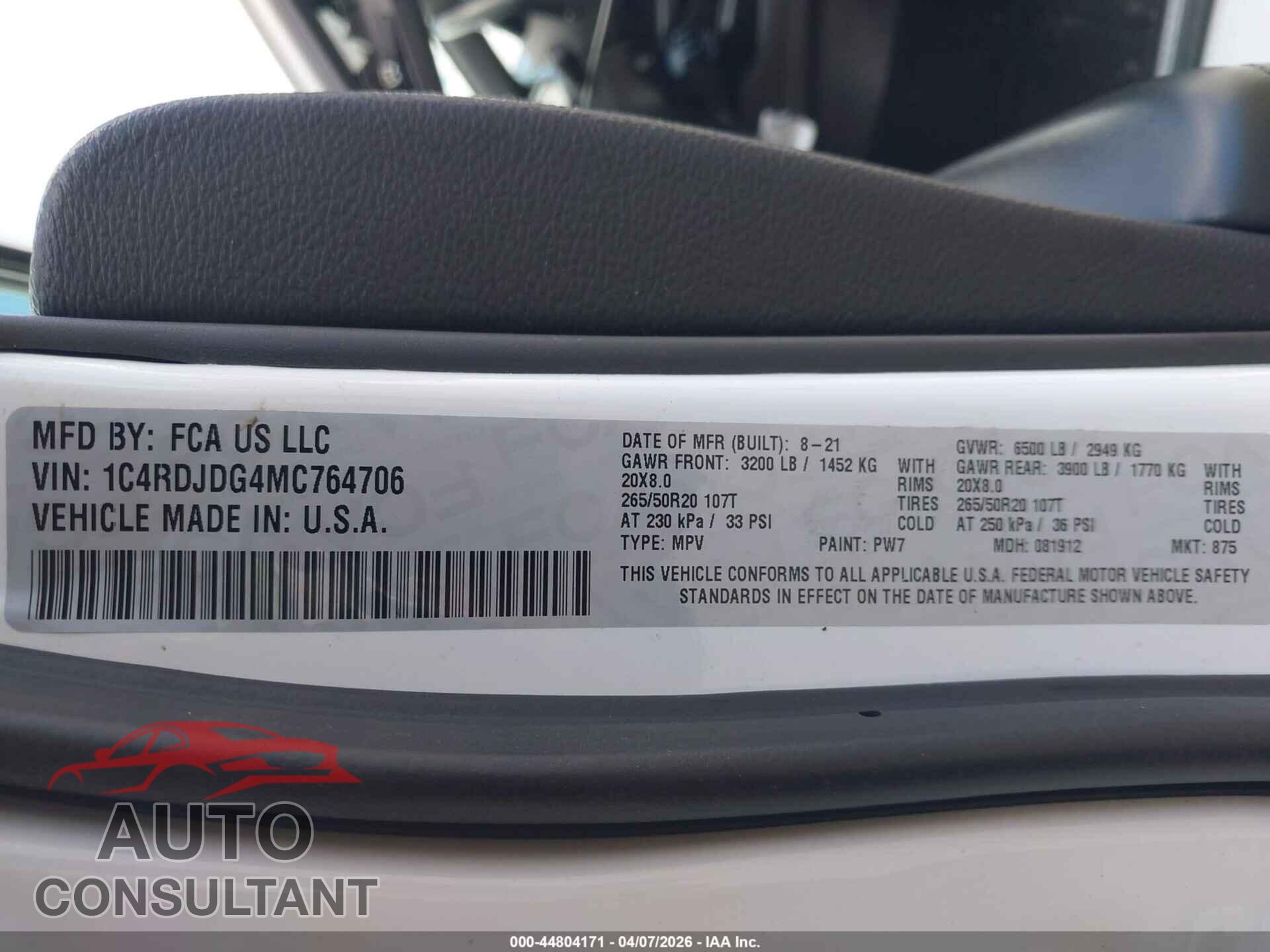 DODGE DURANGO 2021 - 1C4RDJDG4MC764706