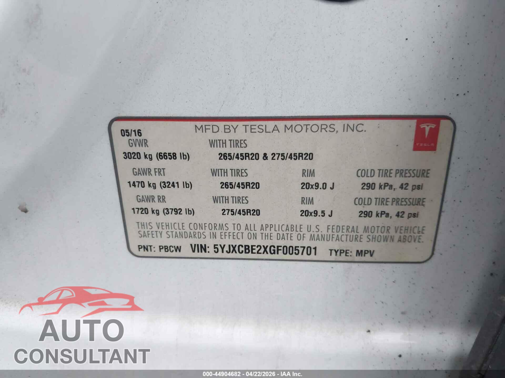 TESLA MODEL X 2016 - 5YJXCBE2XGF005701