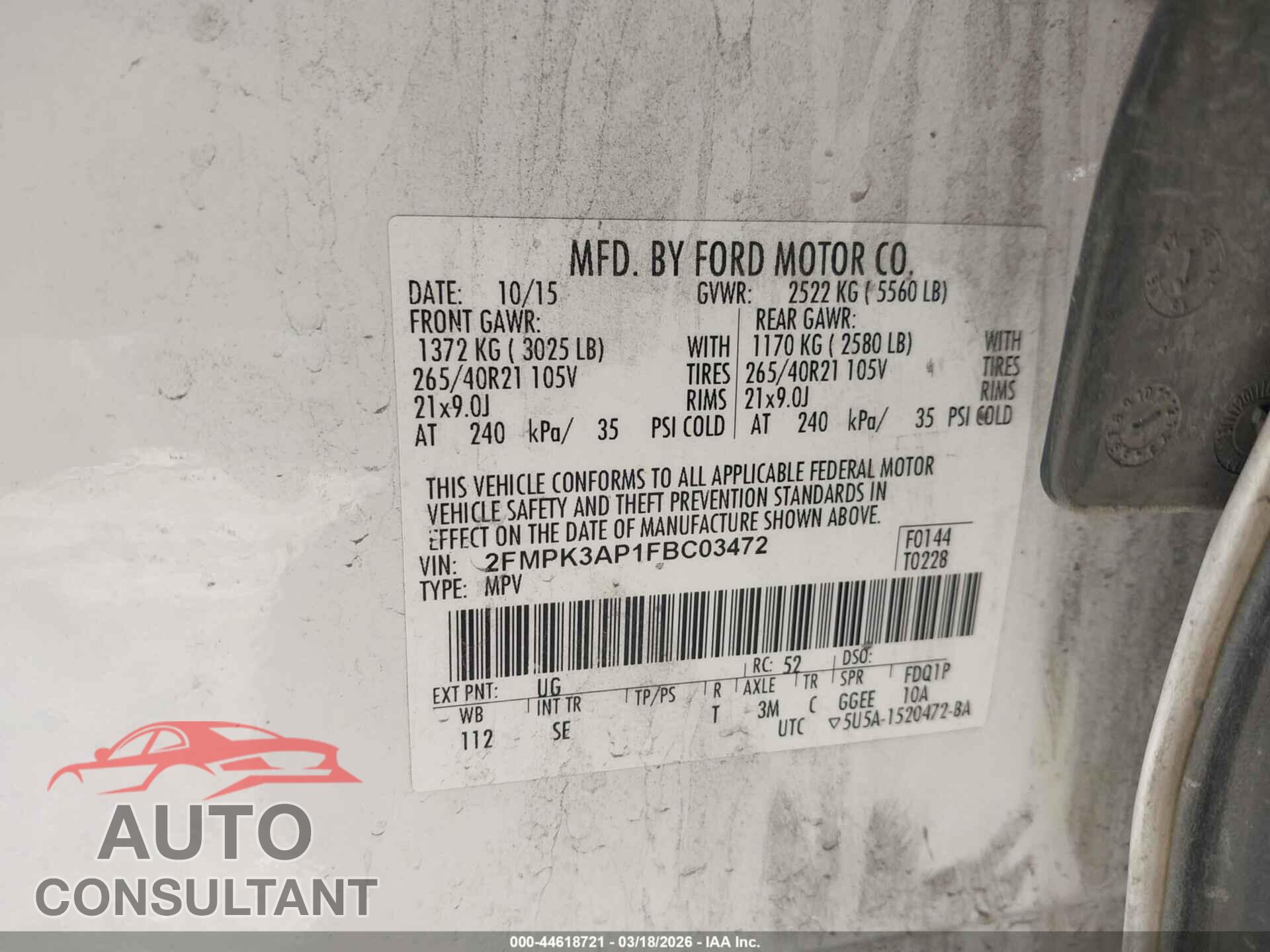 FORD EDGE 2015 - 2FMPK3AP1FBC03472