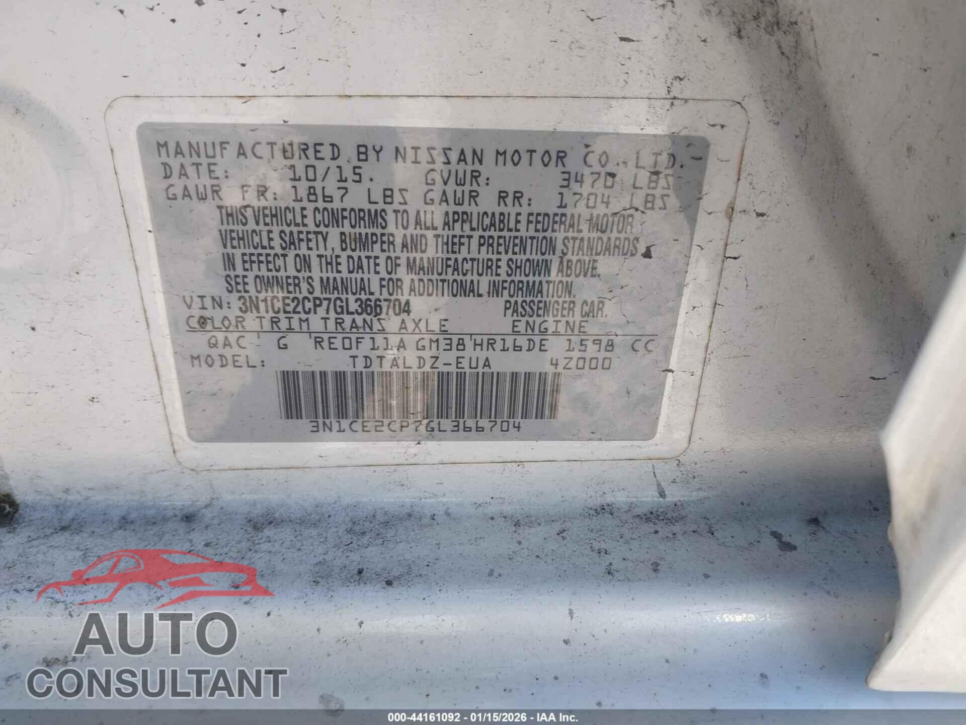 NISSAN VERSA NOTE 2016 - 3N1CE2CP7GL366704