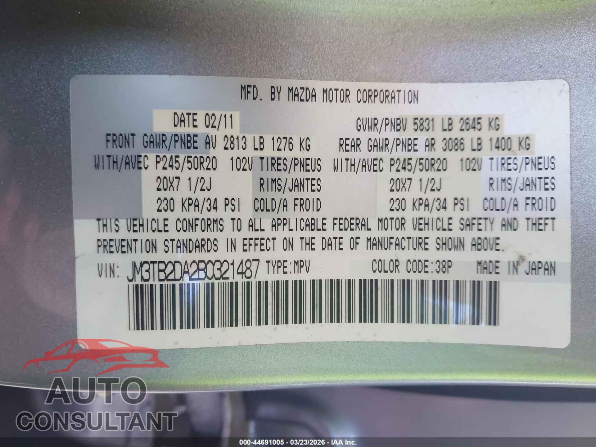 MAZDA CX-9 2011 - JM3TB2DA2B0321487