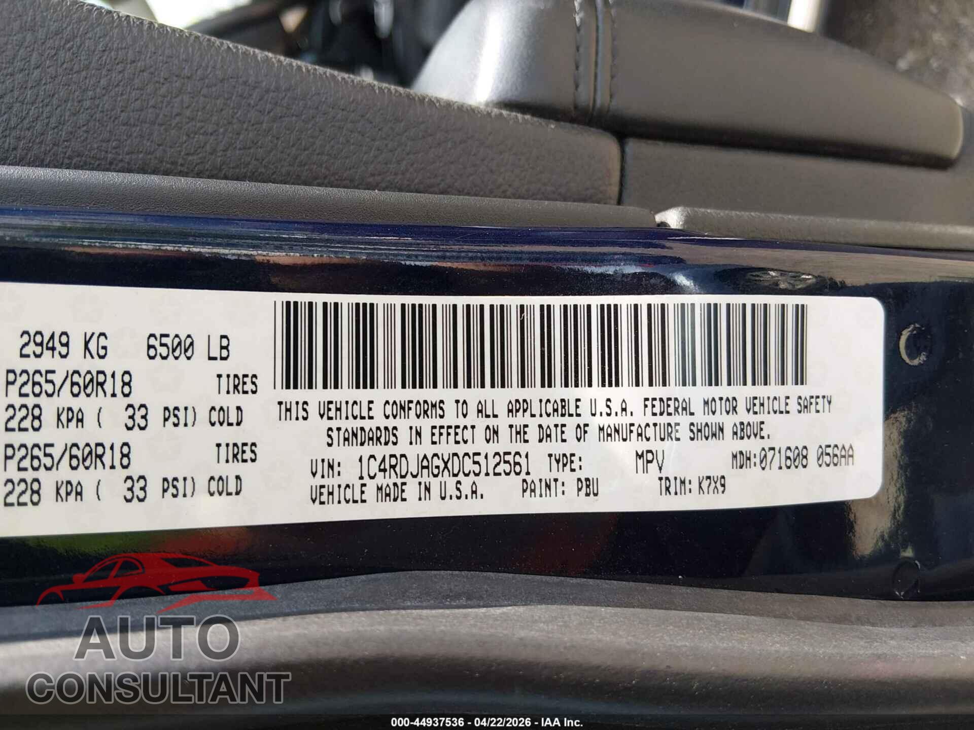 DODGE DURANGO 2013 - 1C4RDJAGXDC512561