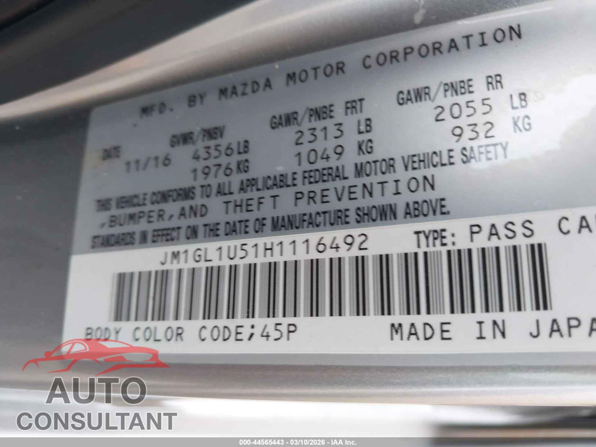 MAZDA MAZDA6 2017 - JM1GL1U51H1116492