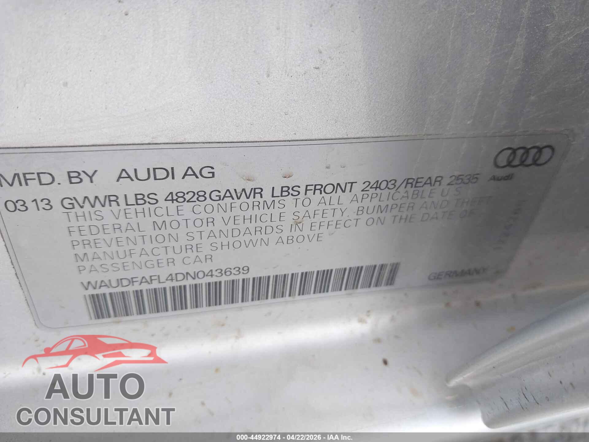 AUDI A4 2013 - WAUDFAFL4DN043639