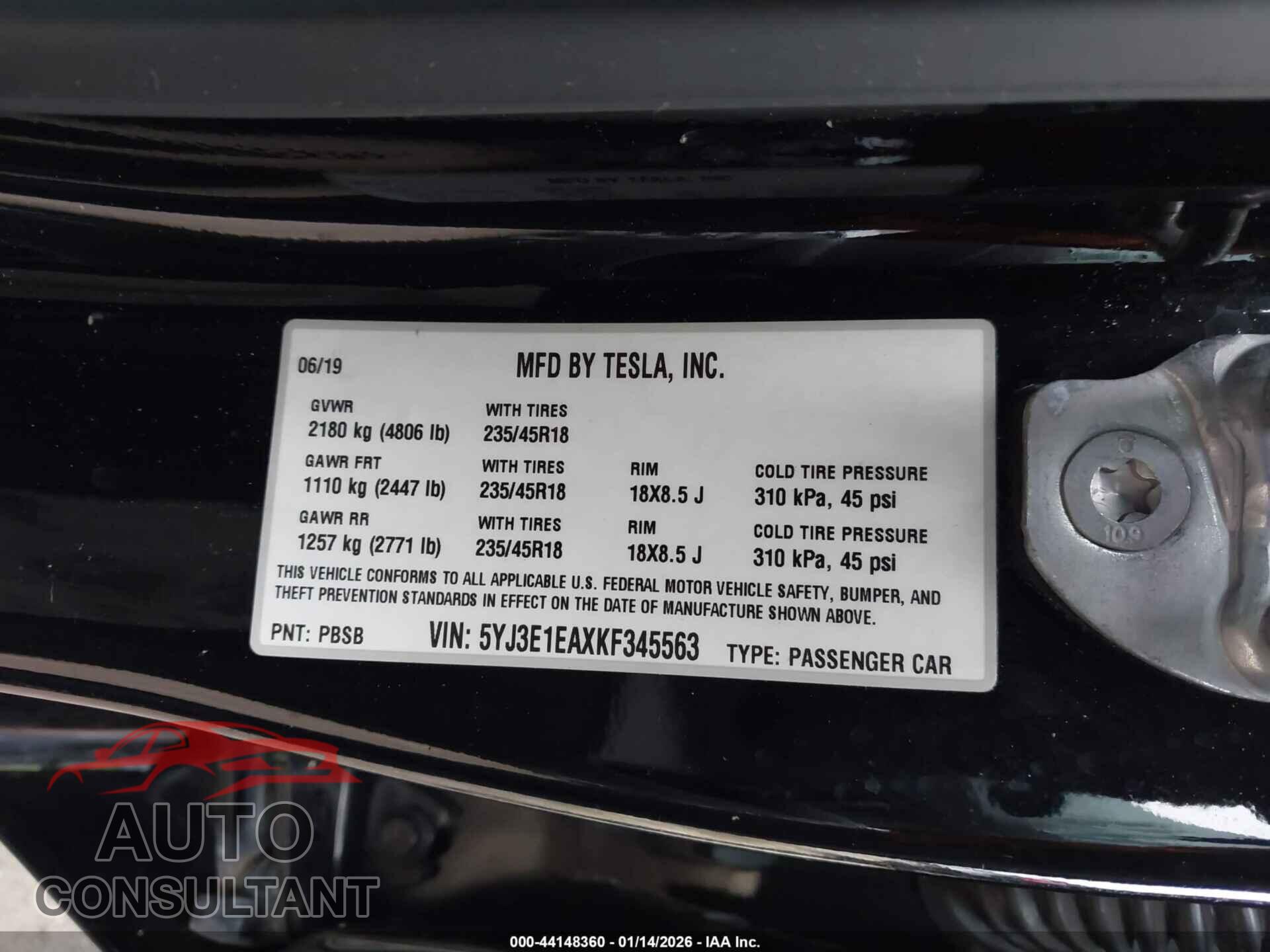 TESLA MODEL 3 2019 - 5YJ3E1EAXKF345563