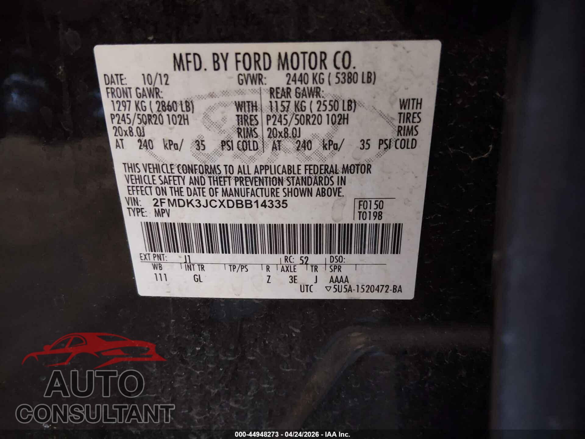 FORD EDGE 2013 - 2FMDK3JCXDBB14335