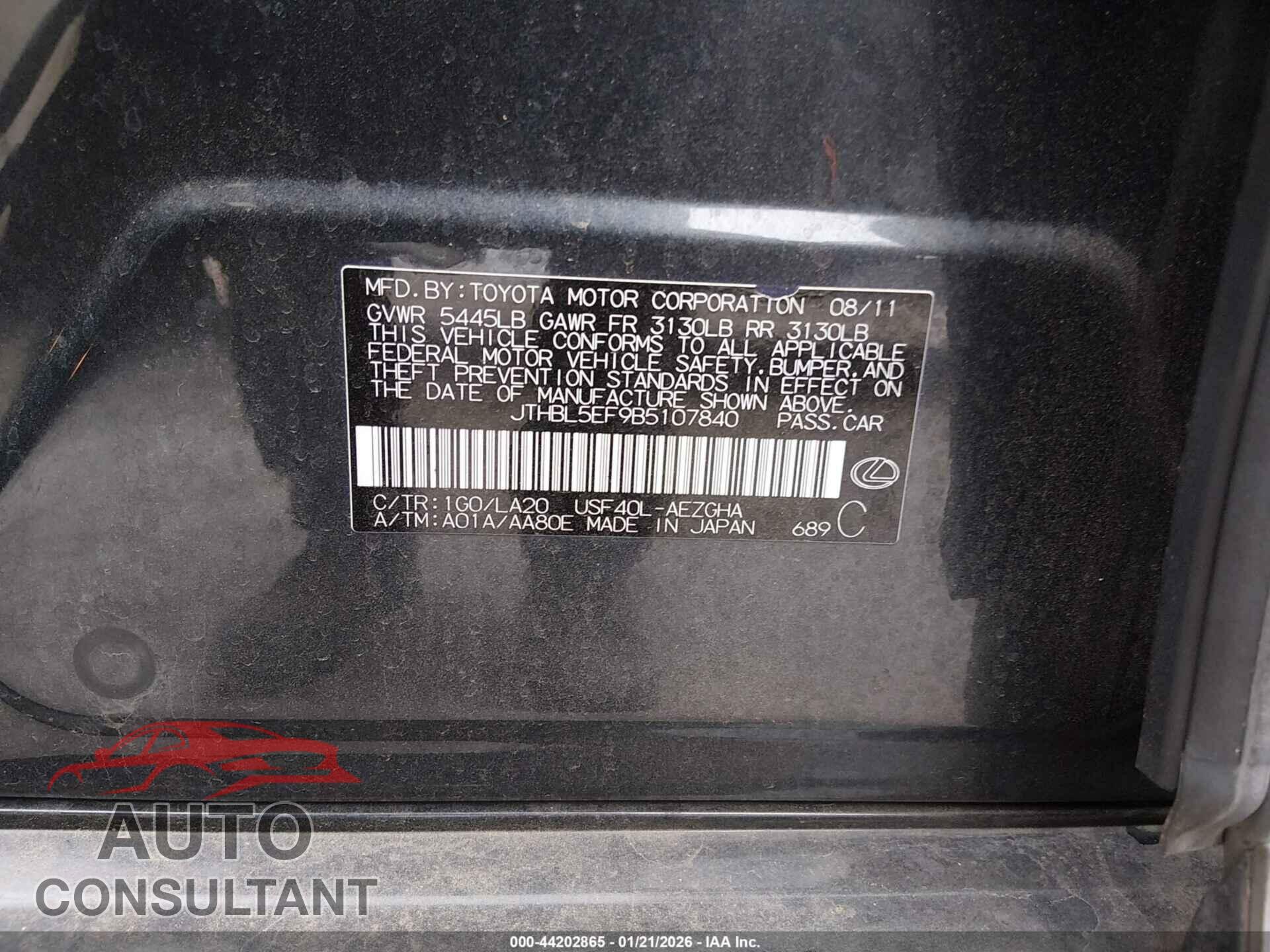 LEXUS LS 460 2011 - JTHBL5EF9B5107840