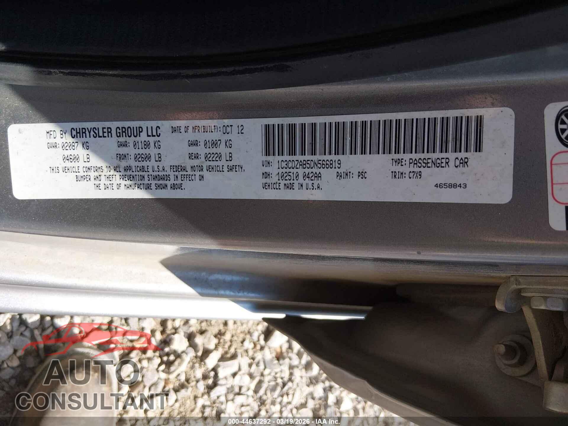 DODGE AVENGER 2013 - 1C3CDZAB5DN566819