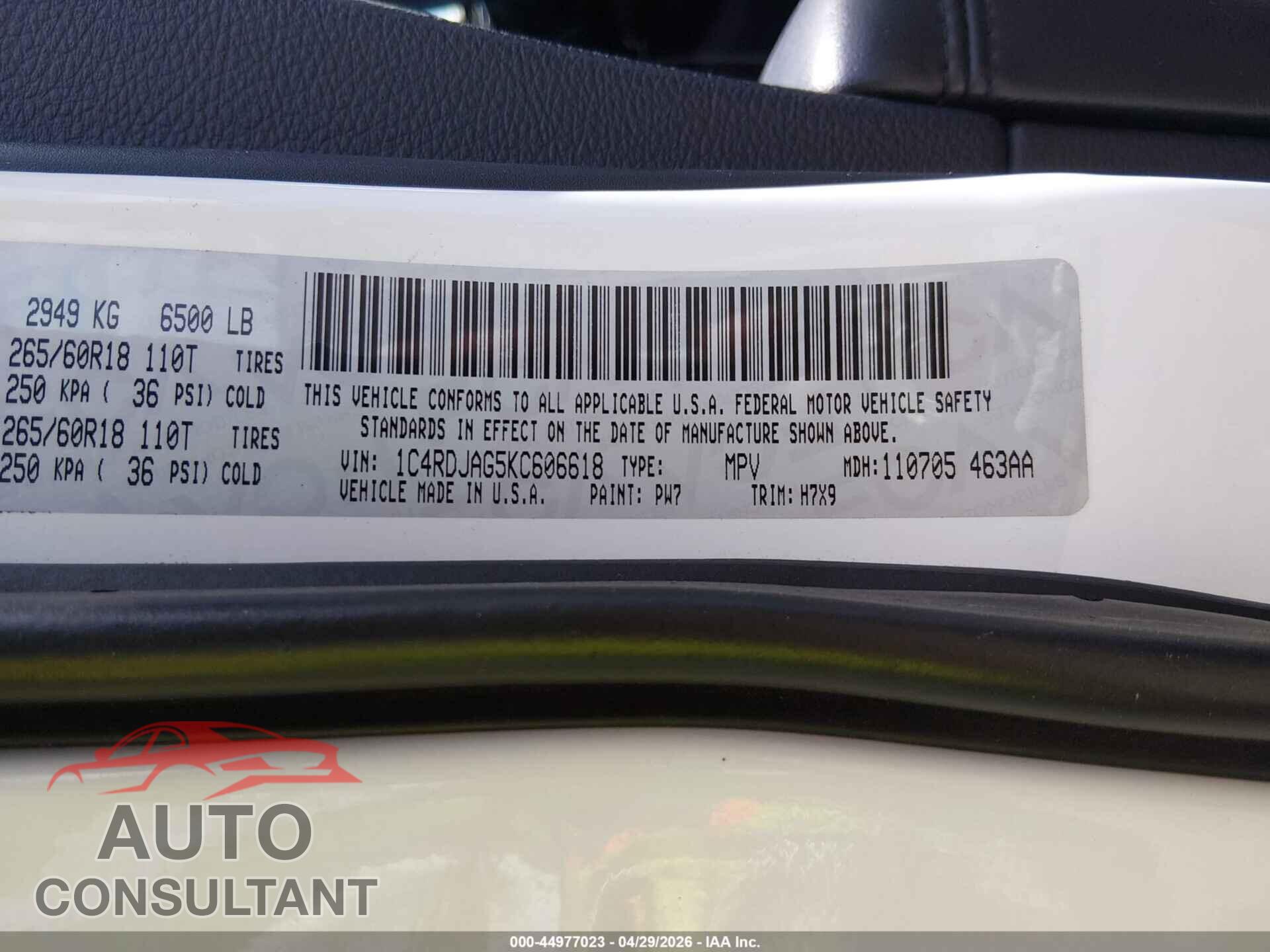 DODGE DURANGO 2019 - 1C4RDJAG5KC606618