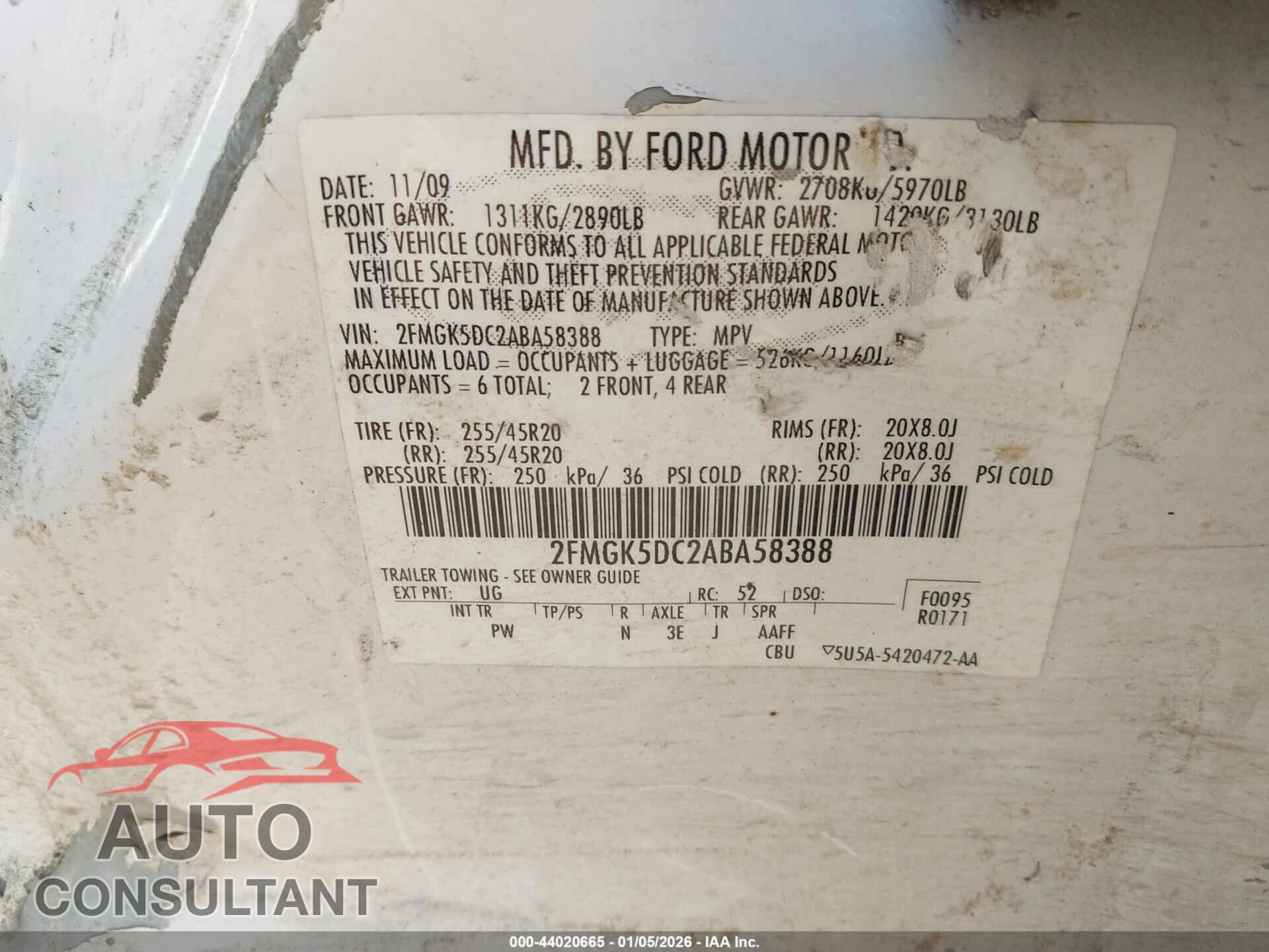 FORD FLEX 2010 - 2FMGK5DC2ABA58388