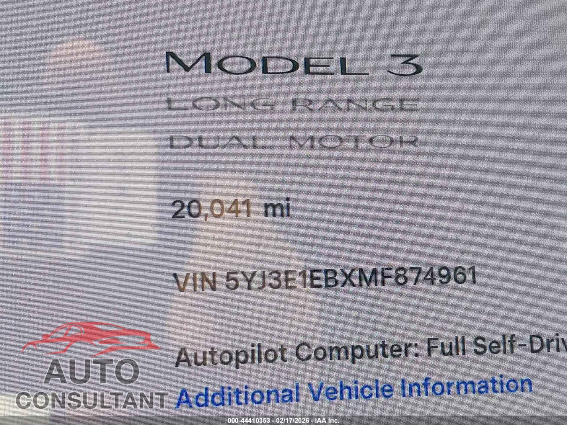 TESLA MODEL 3 2021 - 5YJ3E1EBXMF874961