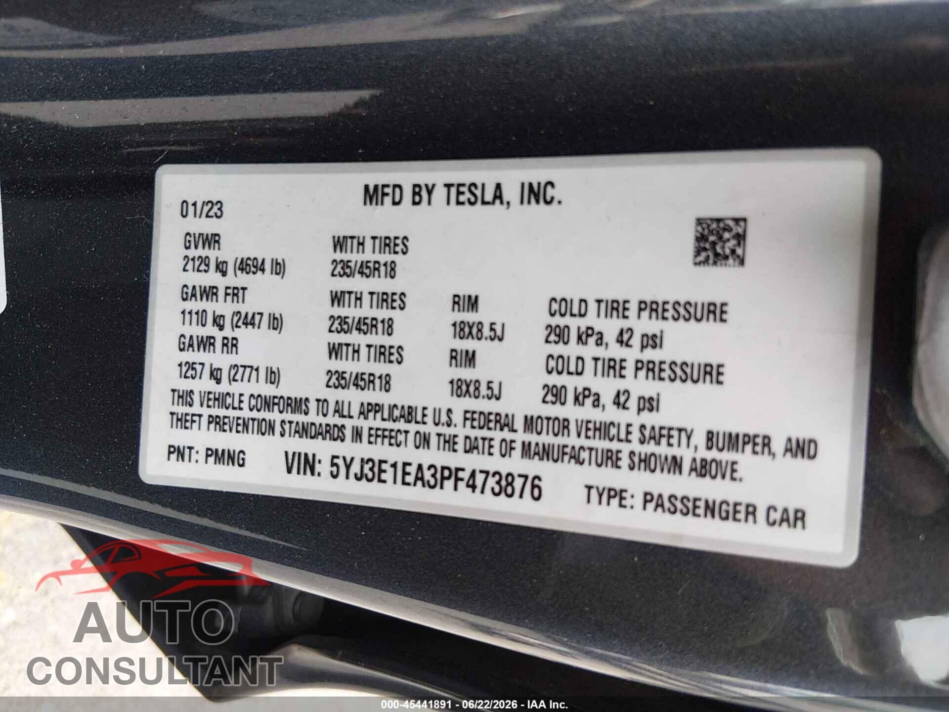 TESLA MODEL 3 2023 - 5YJ3E1EA3PF473876