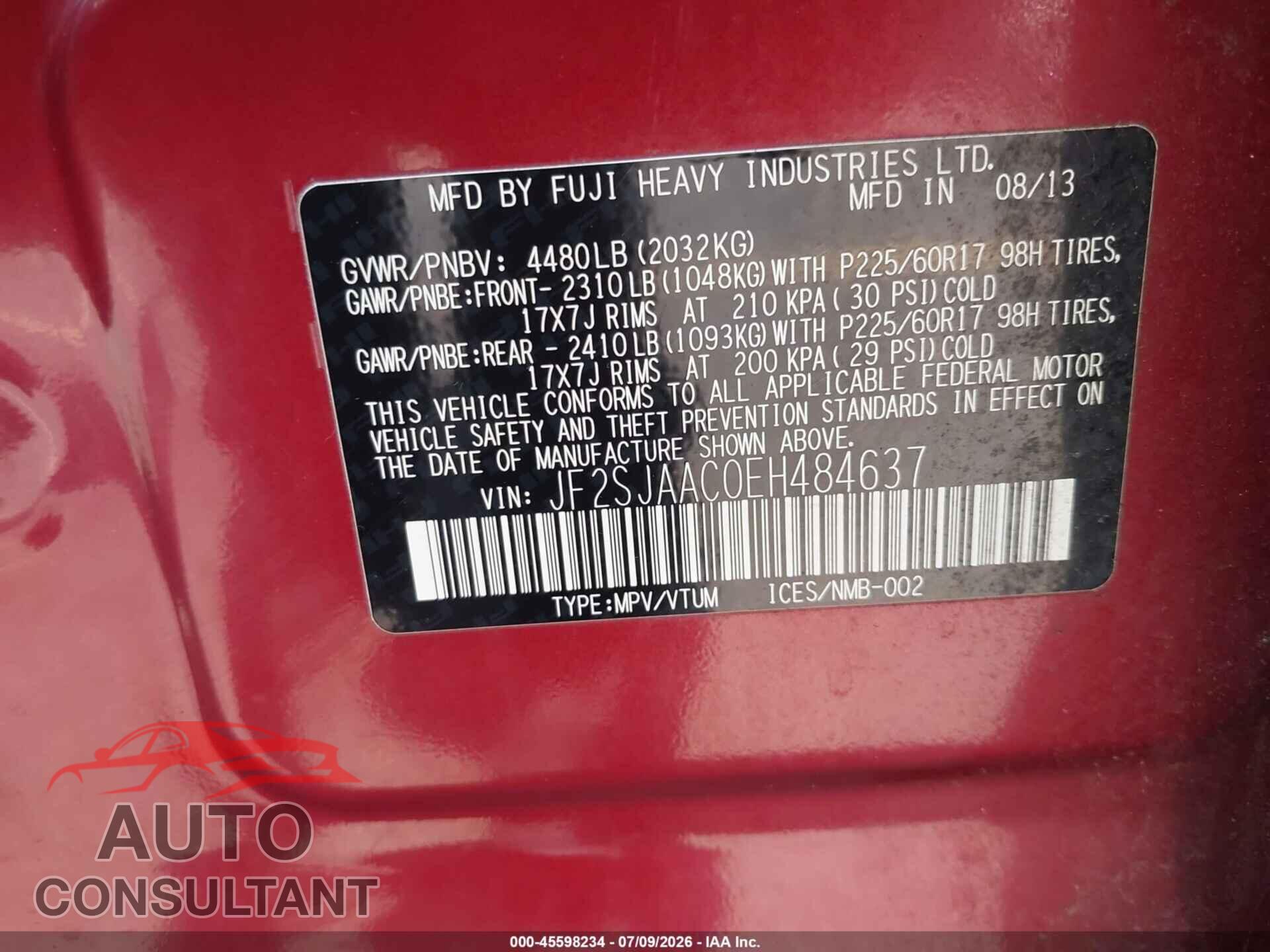 SUBARU FORESTER 2014 - JF2SJAAC0EH484637