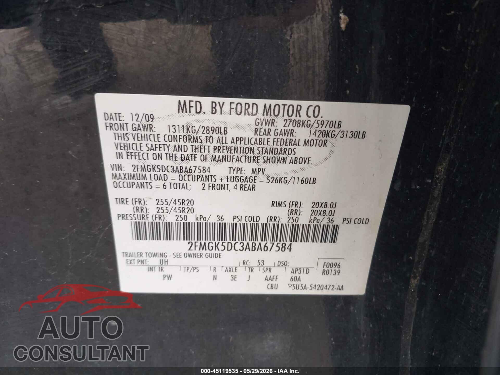 FORD FLEX 2010 - 2FMGK5DC3ABA67584