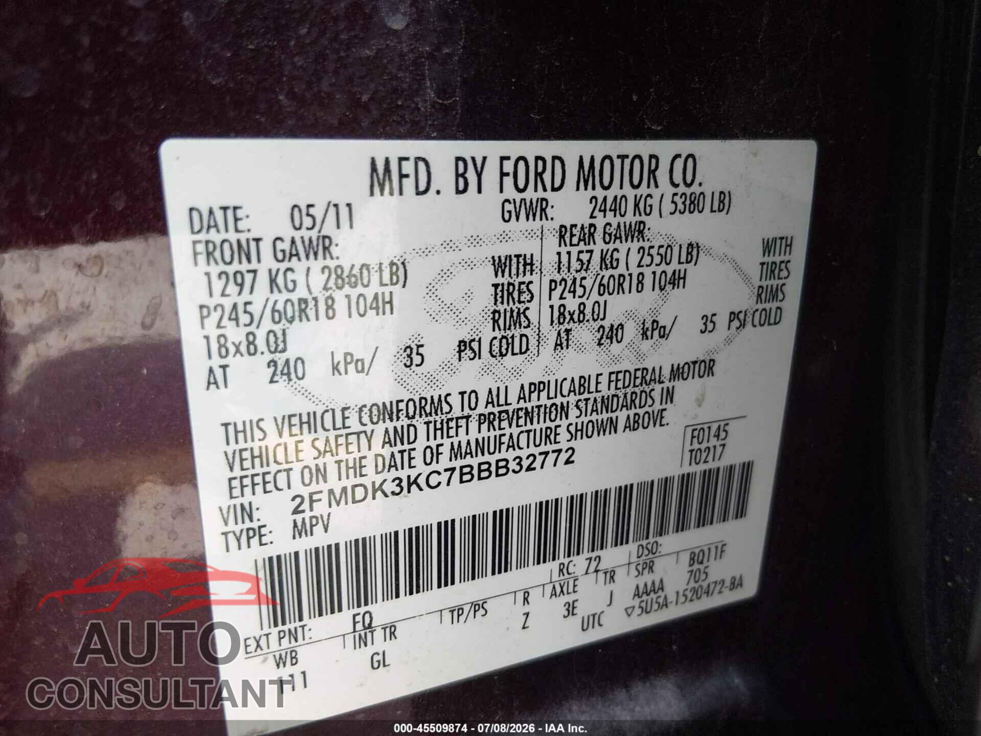 FORD EDGE 2011 - 2FMDK3KC7BBB32772