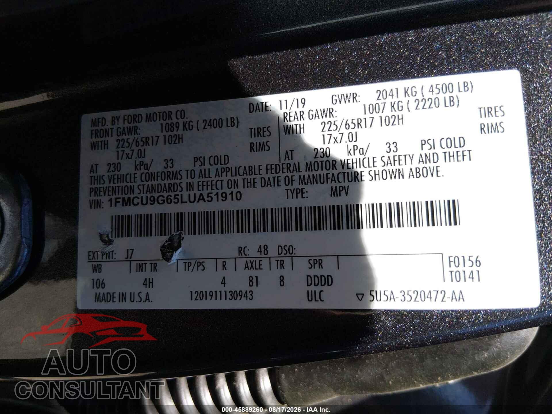 FORD ESCAPE 2020 - 1FMCU9G65LUA51910