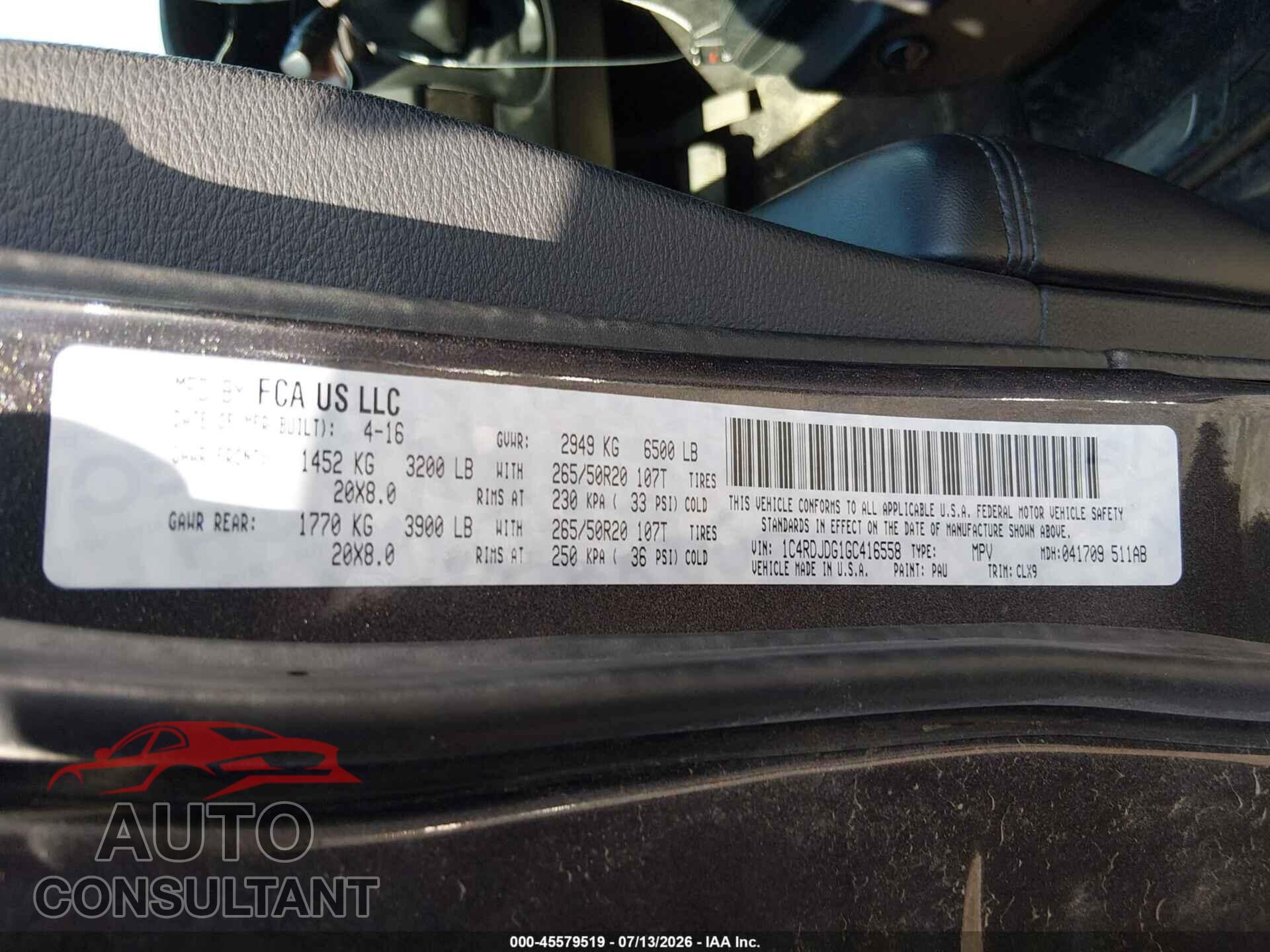 DODGE DURANGO 2016 - 1C4RDJDG1GC416558