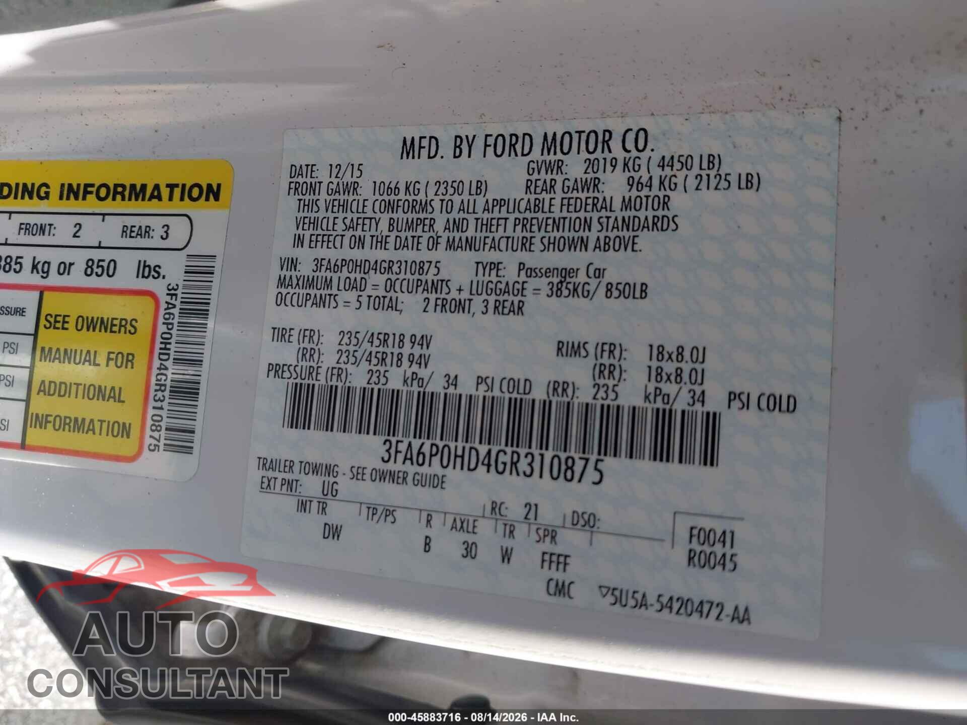 FORD FUSION 2016 - 3FA6P0HD4GR310875