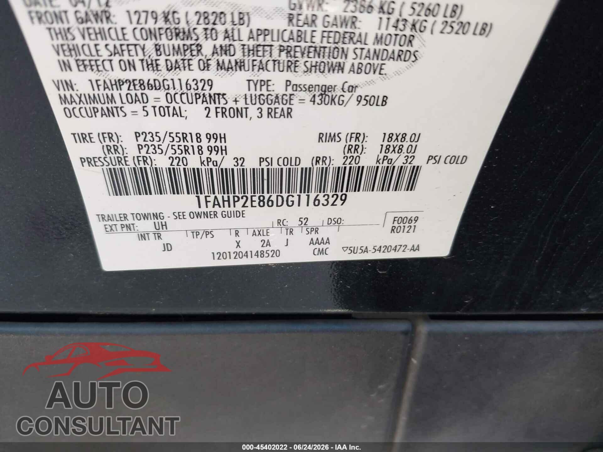 FORD TAURUS 2013 - 1FAHP2E86DG116329