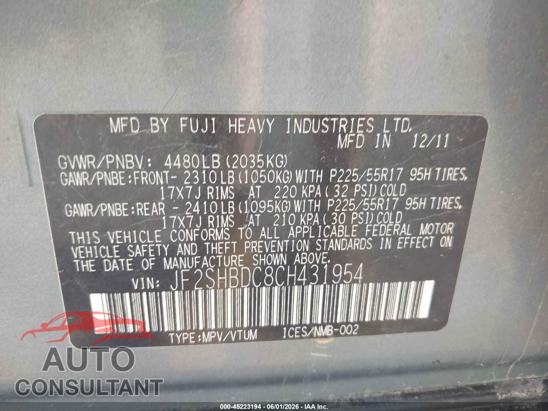 SUBARU FORESTER 2012 - JF2SHBDC8CH431954
