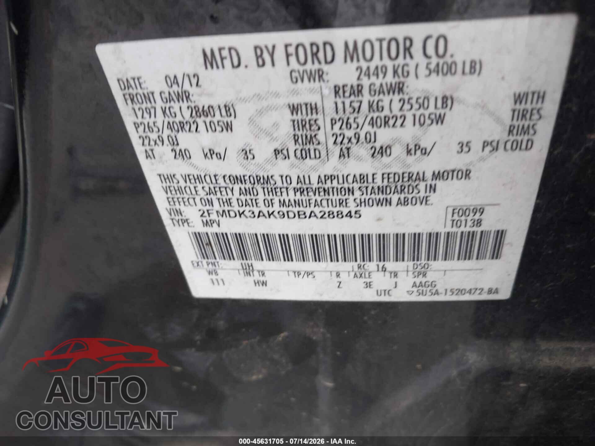 FORD EDGE 2013 - 2FMDK3AK9DBA28845