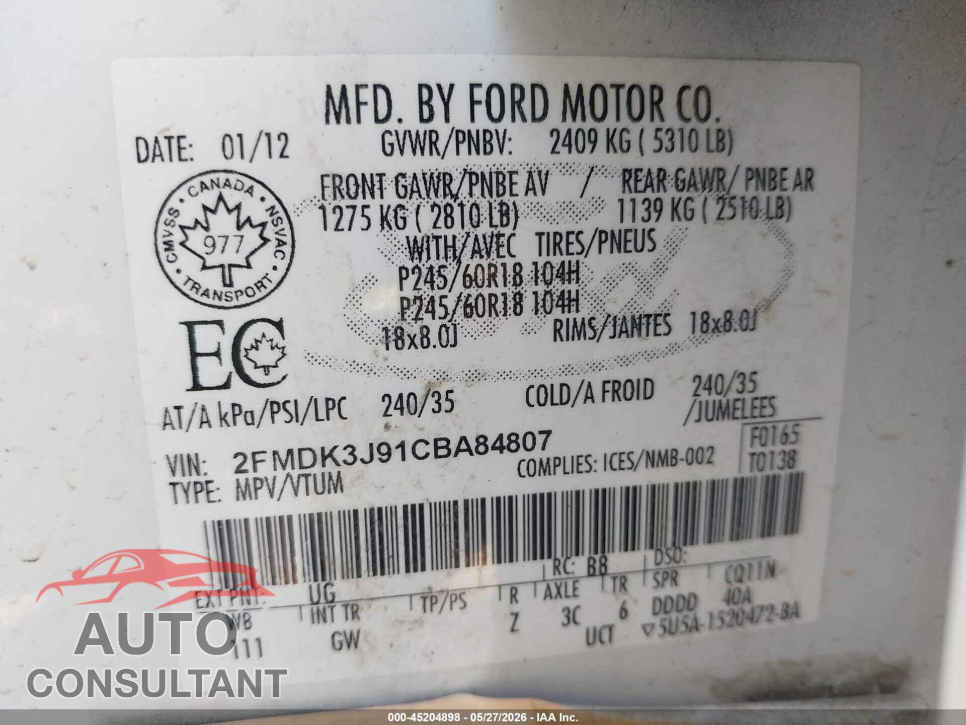 FORD EDGE 2012 - 2FMDK3J91CBA84807