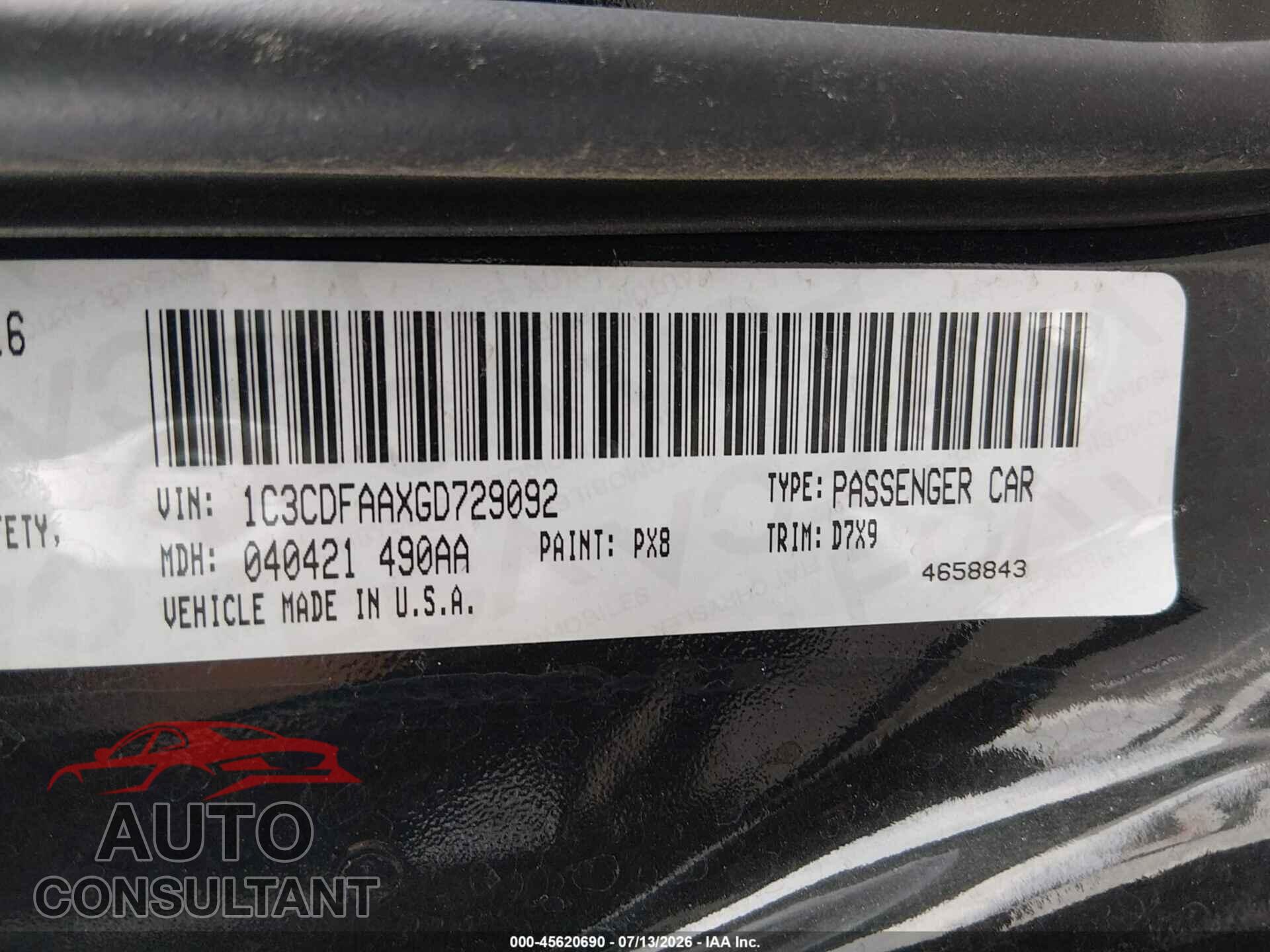 DODGE DART 2016 - 1C3CDFAAXGD729092