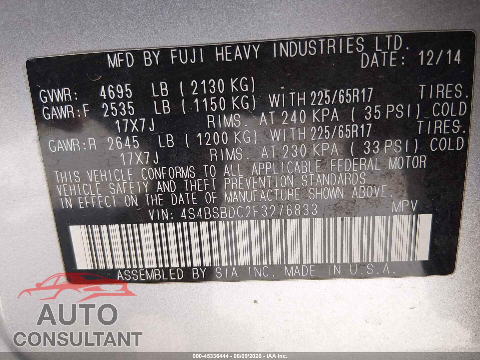 SUBARU OUTBACK 2015 - 4S4BSBDC2F3276833