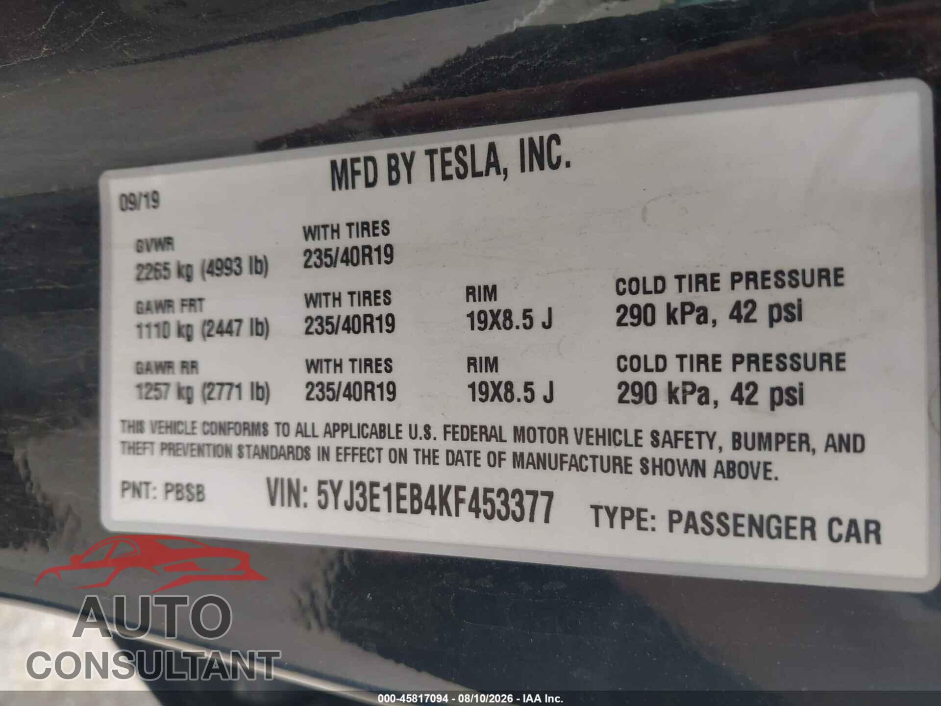 TESLA MODEL 3 2019 - 5YJ3E1EB4KF453377