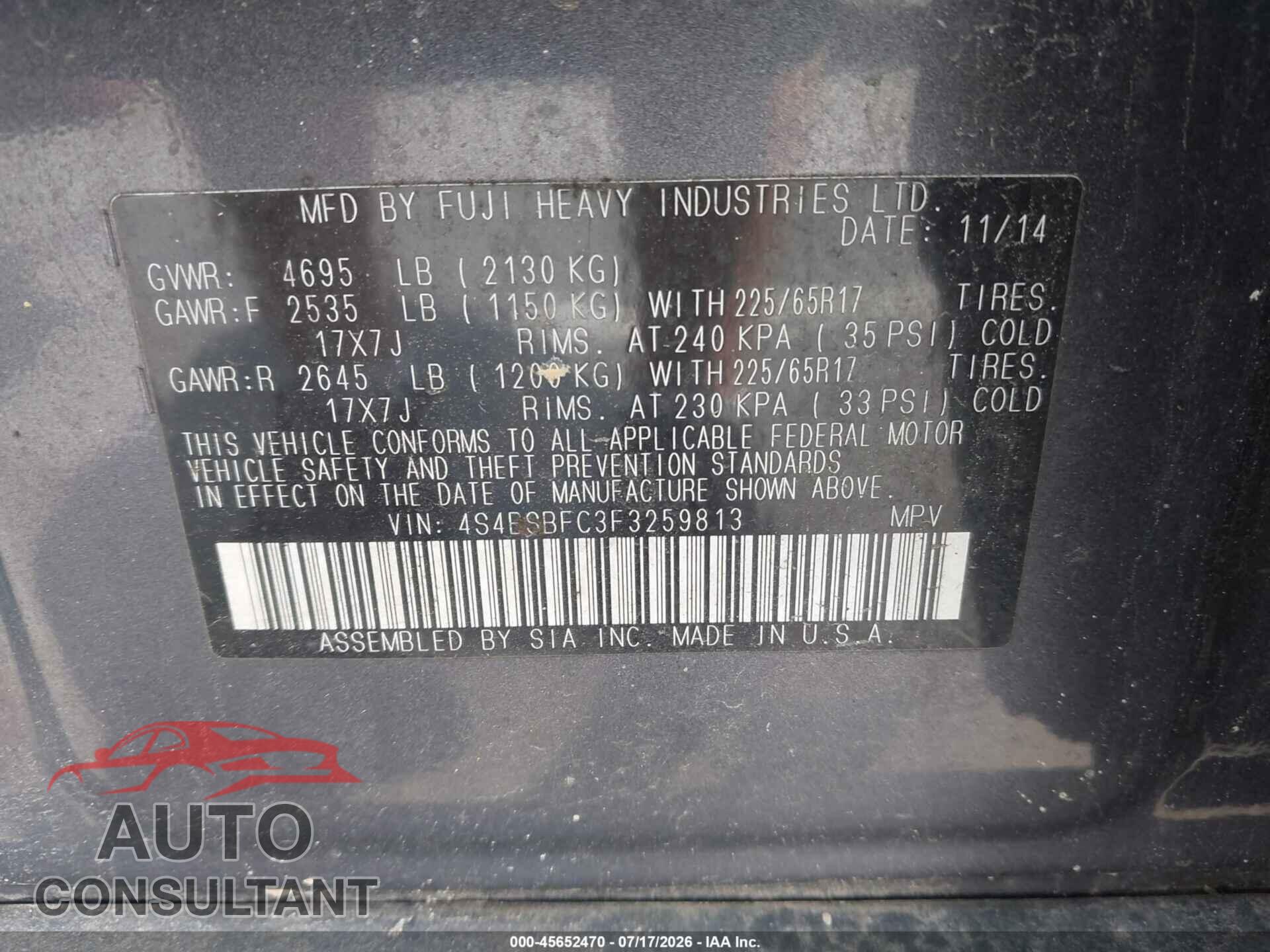 SUBARU OUTBACK 2015 - 4S4BSBFC3F3259813
