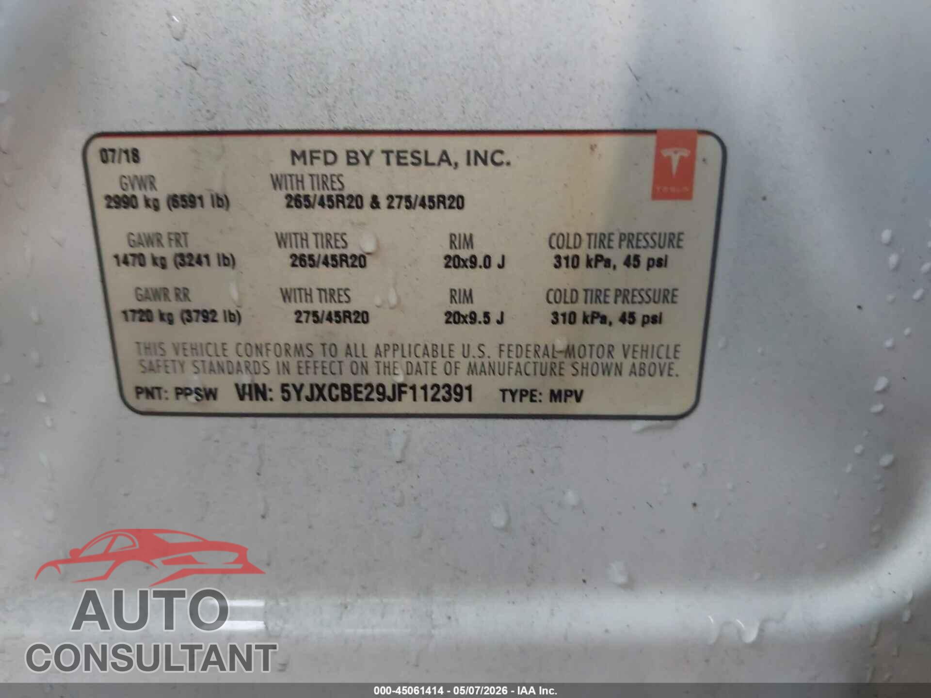 TESLA MODEL X 2018 - 5YJXCBE29JF112391