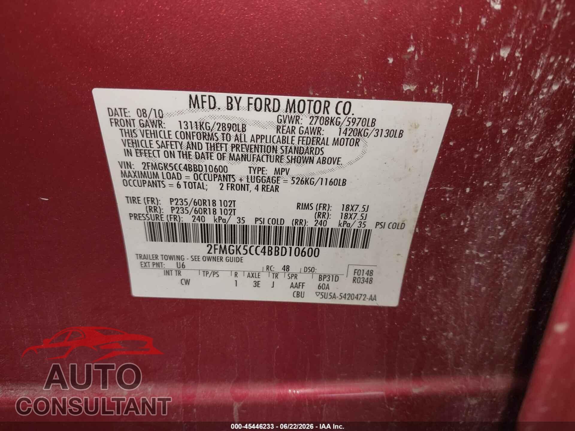 FORD FLEX 2011 - 2FMGK5CC4BBD10600