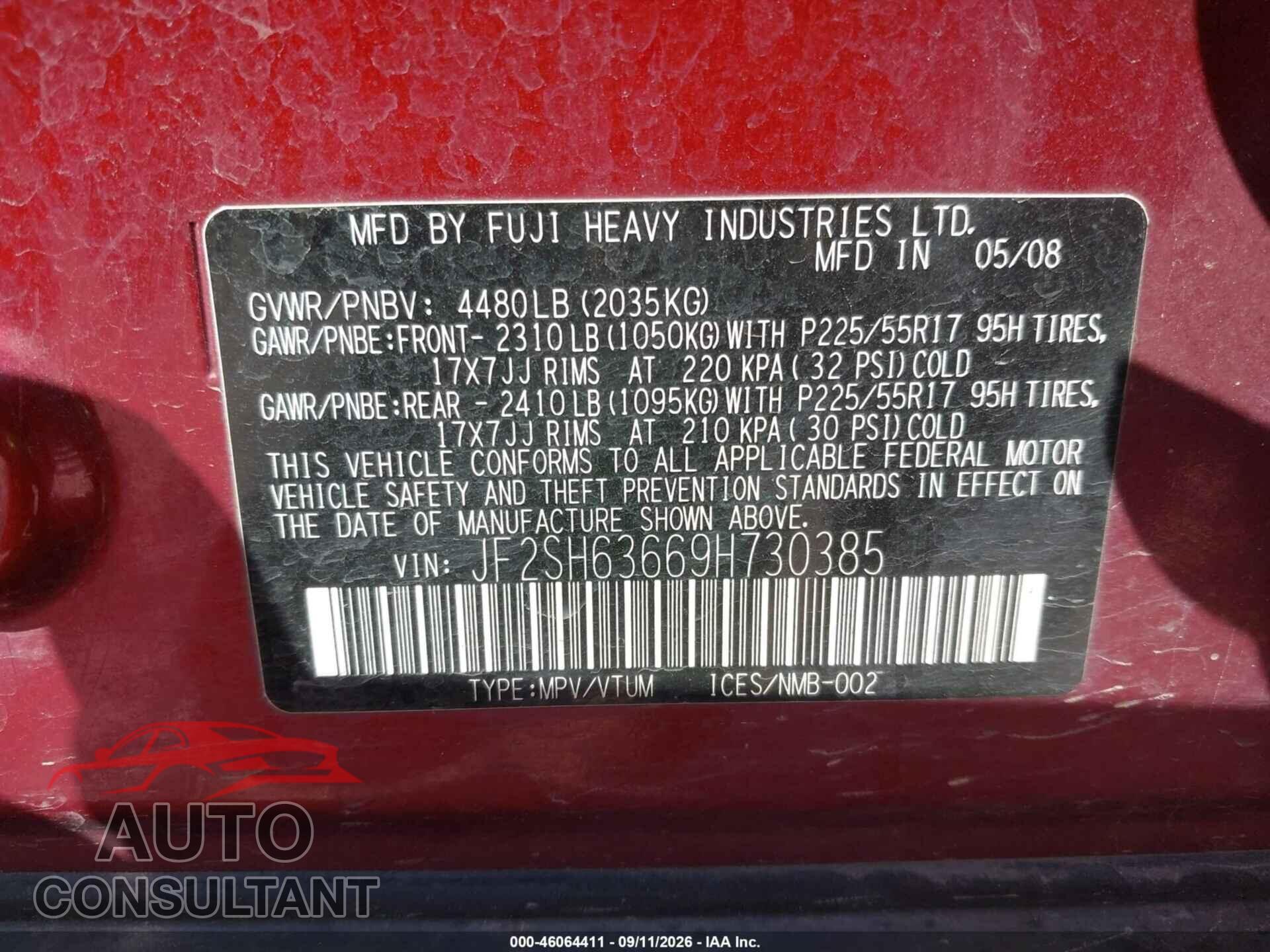 SUBARU FORESTER 2009 - JF2SH63669H730385