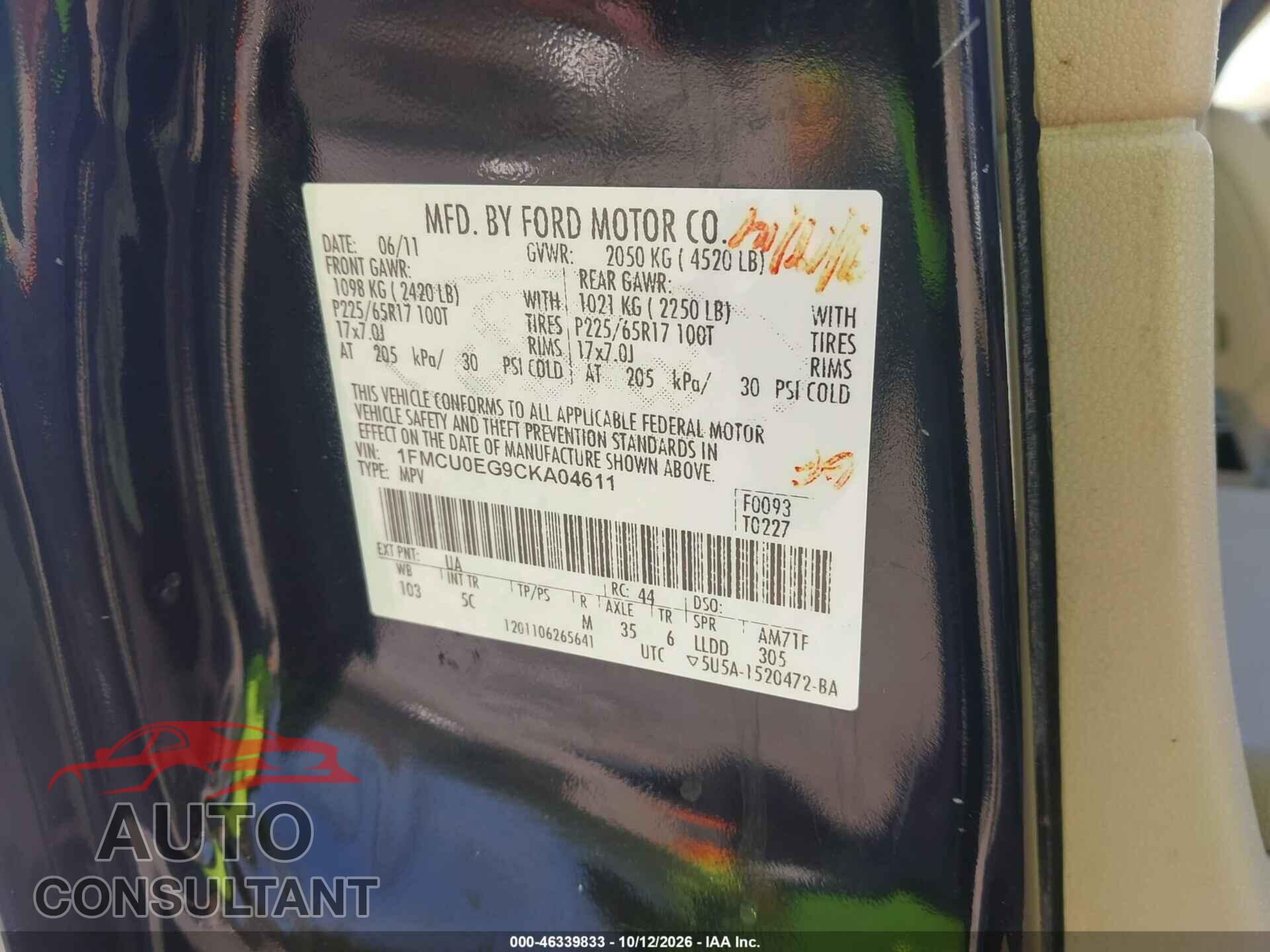 FORD ESCAPE 2012 - 1FMCU0EG9CKA04611