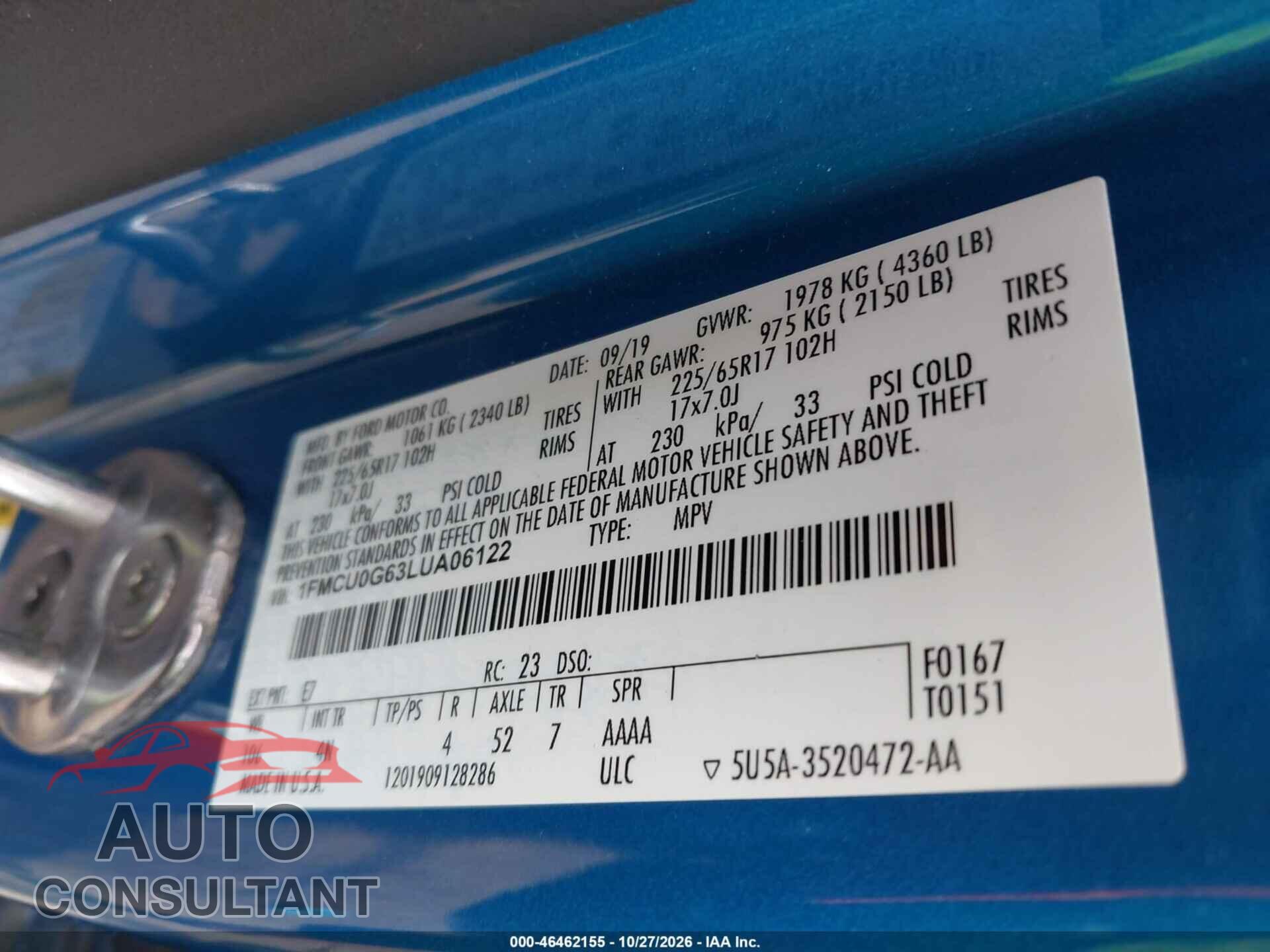 FORD ESCAPE 2020 - 1FMCU0G63LUA06122