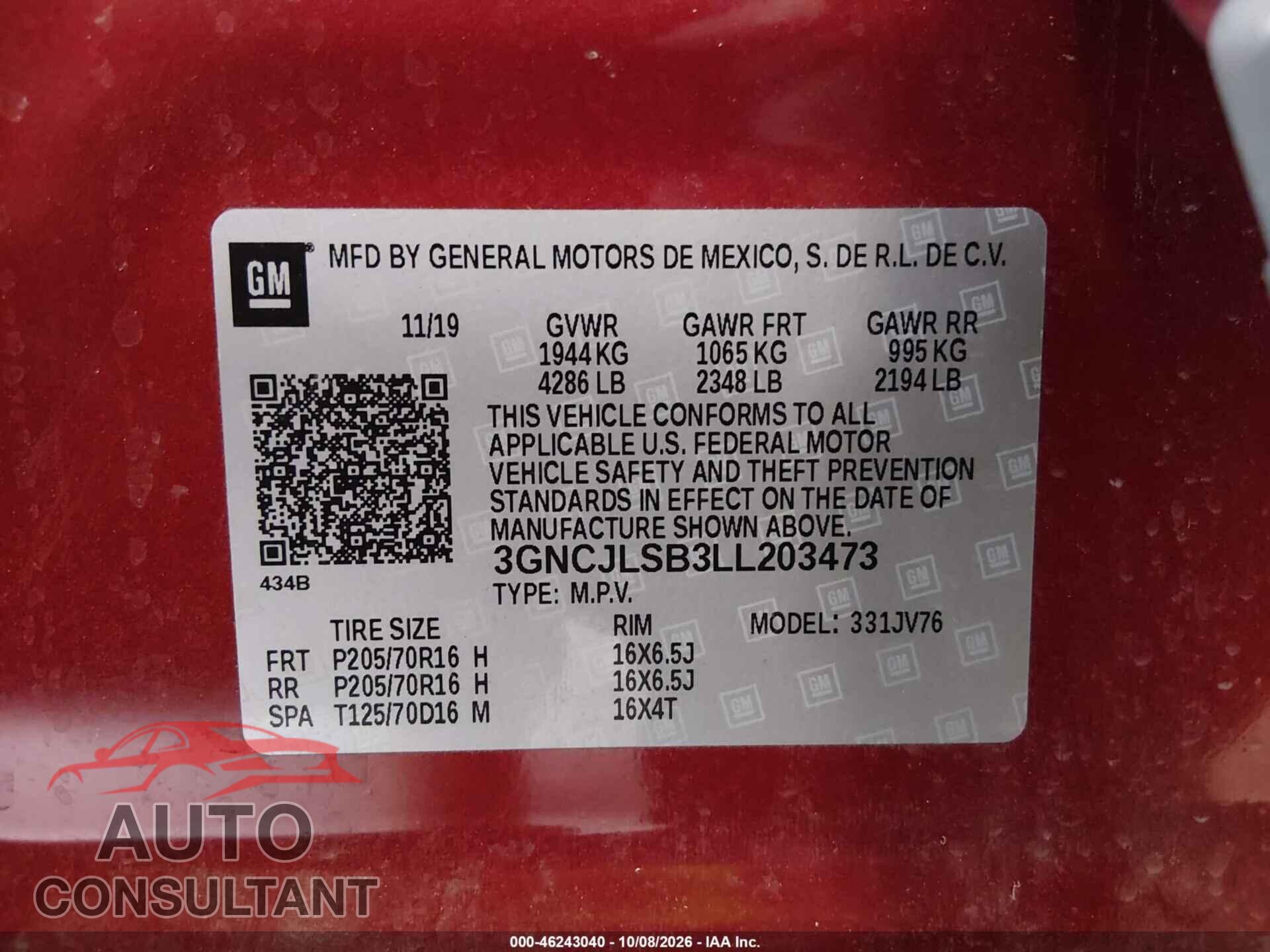 CHEVROLET TRAX 2020 - 3GNCJLSB3LL203473