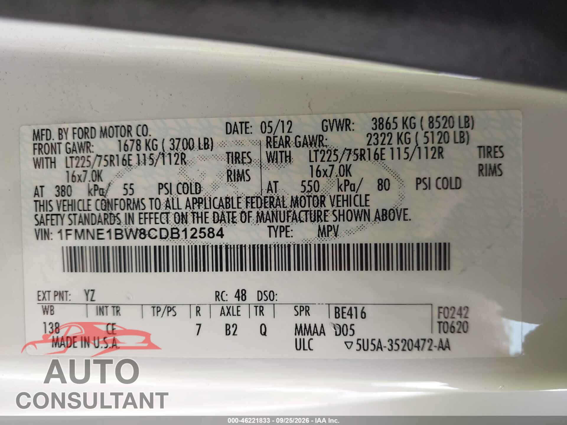 FORD E-150 2012 - 1FMNE1BW8CDB12584