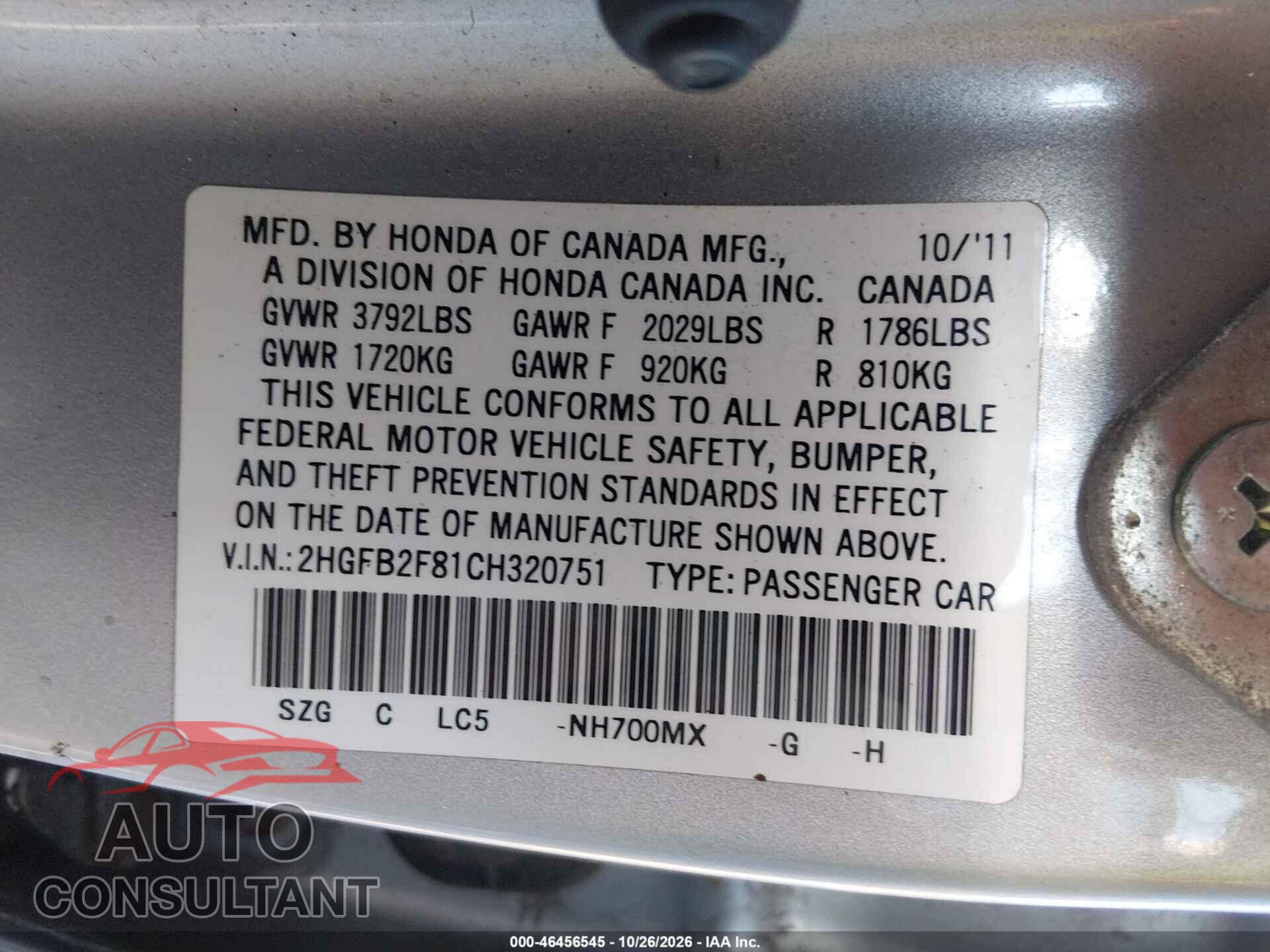 HONDA CIVIC 2012 - 2HGFB2F81CH320751