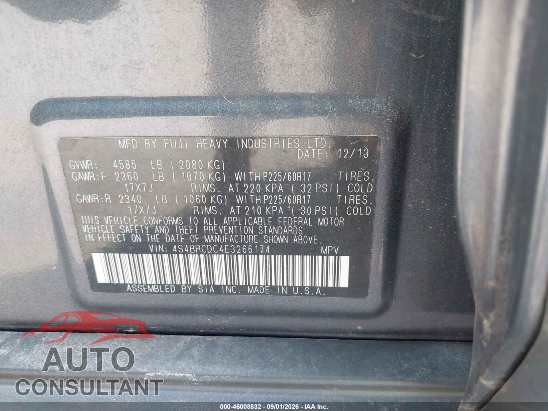SUBARU OUTBACK 2014 - 4S4BRCDC4E3266174