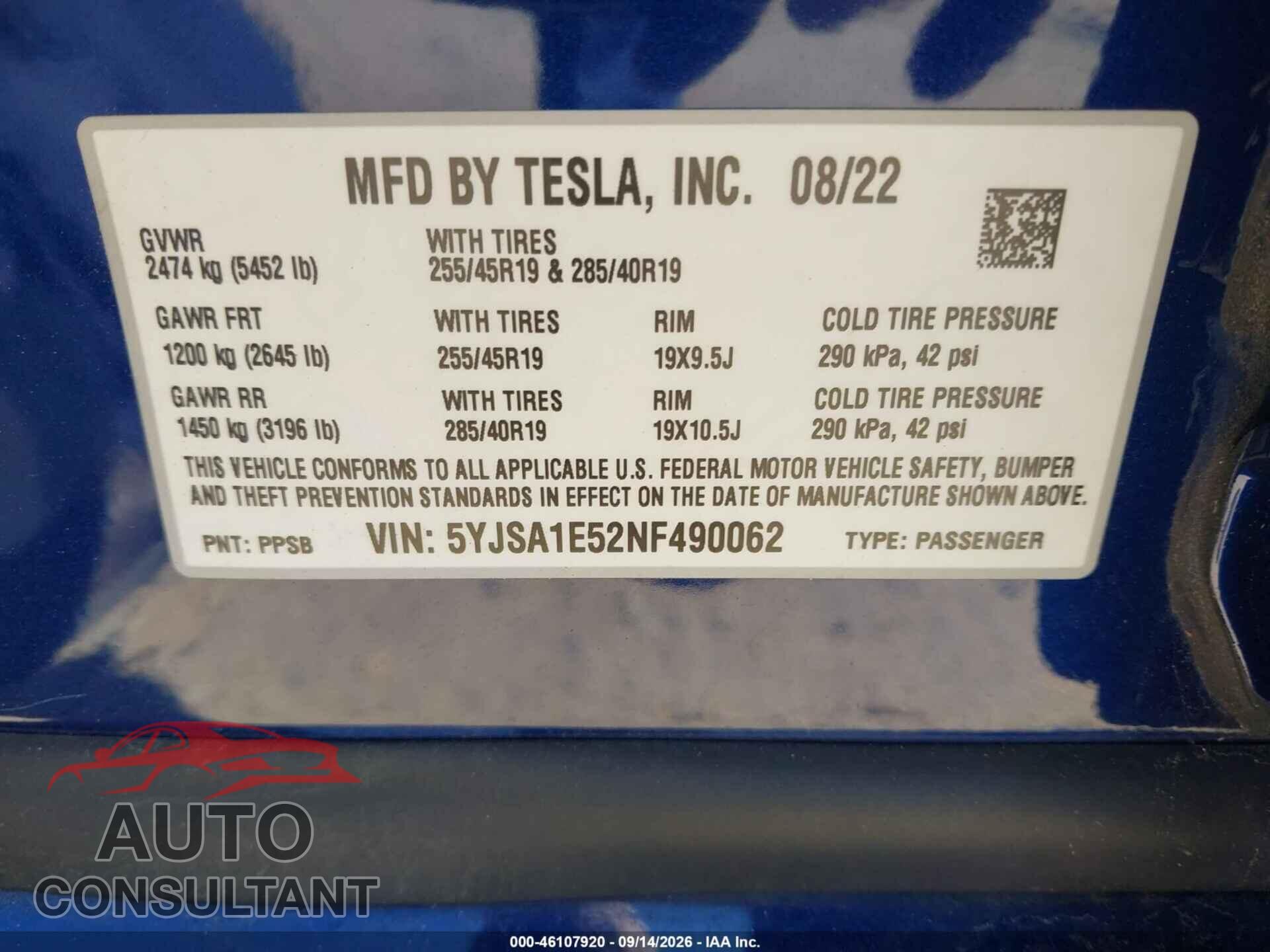 TESLA MODEL S 2022 - 5YJSA1E52NF490062