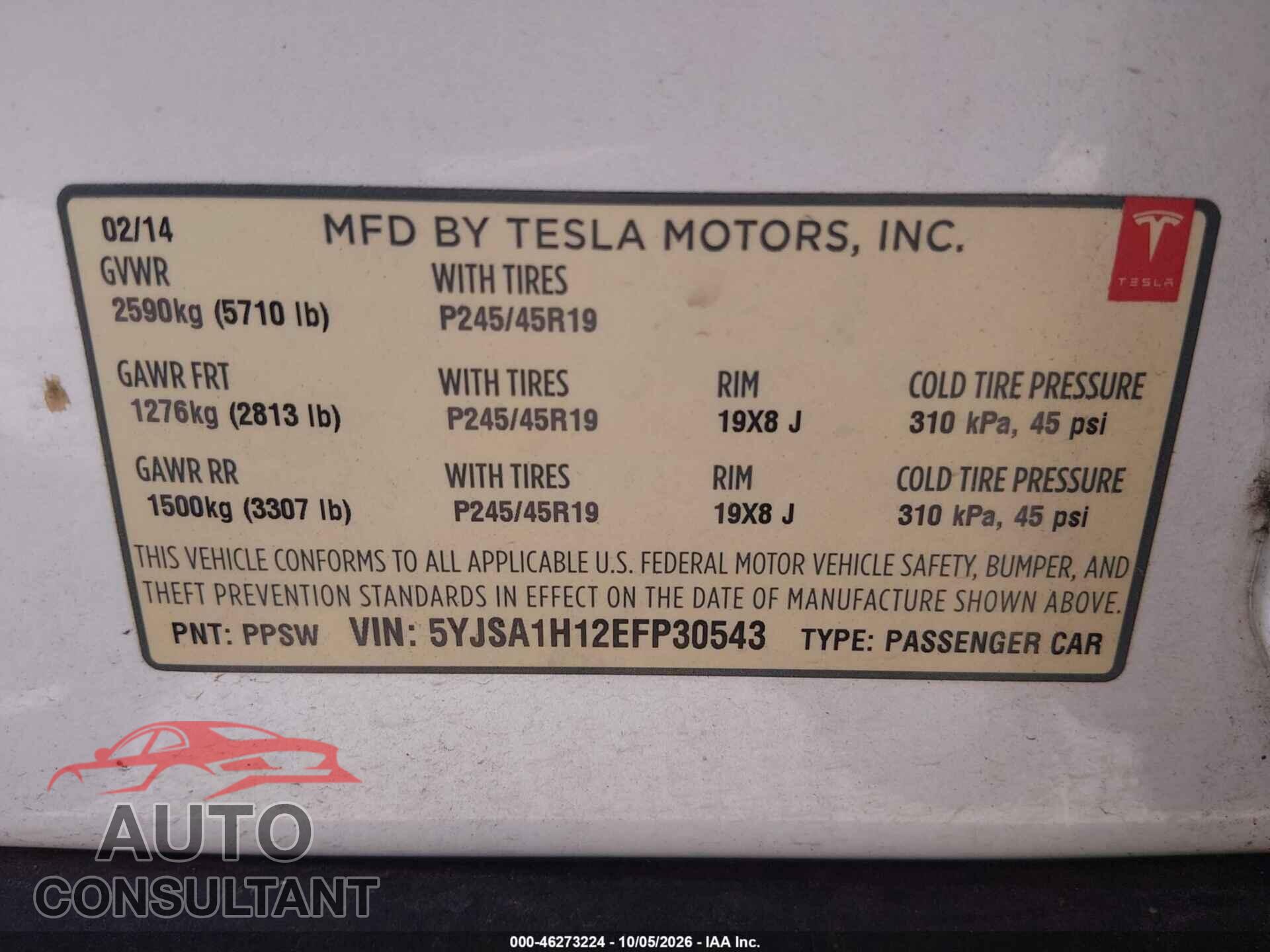 TESLA MODEL S 2014 - 5YJSA1H12EFP30543