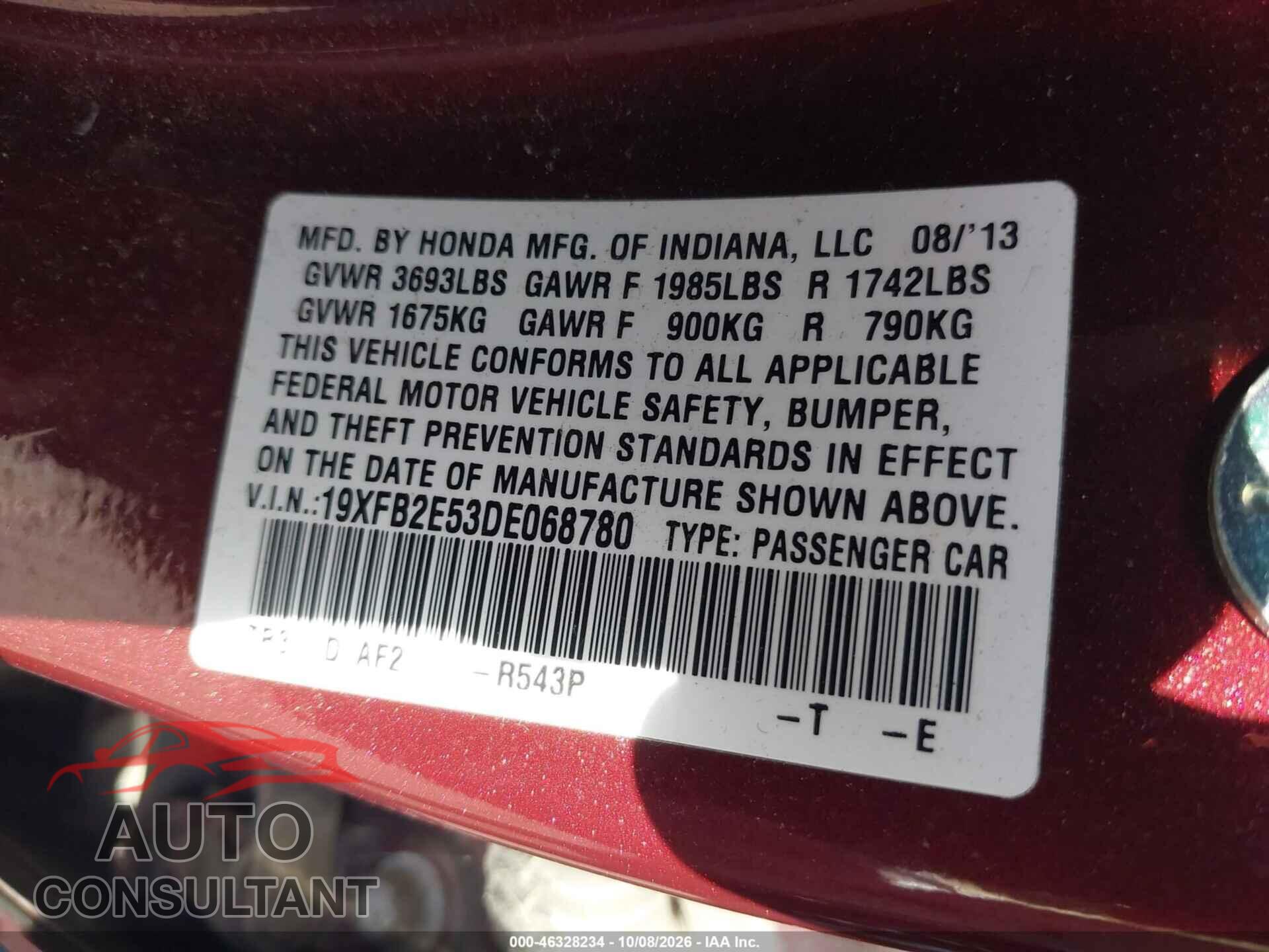 HONDA CIVIC 2013 - 19XFB2E53DE068780