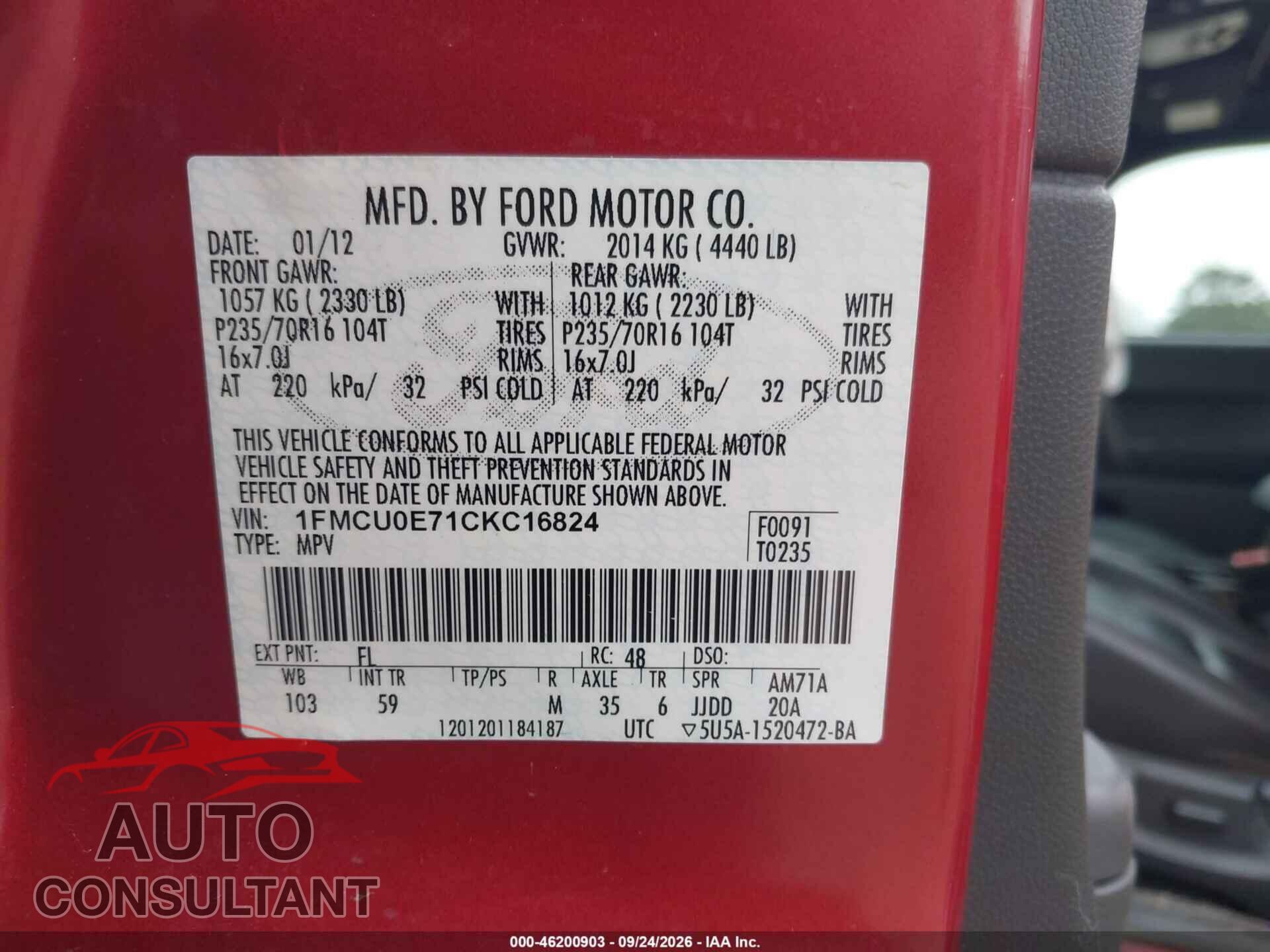 FORD ESCAPE 2012 - 1FMCU0E71CKC16824