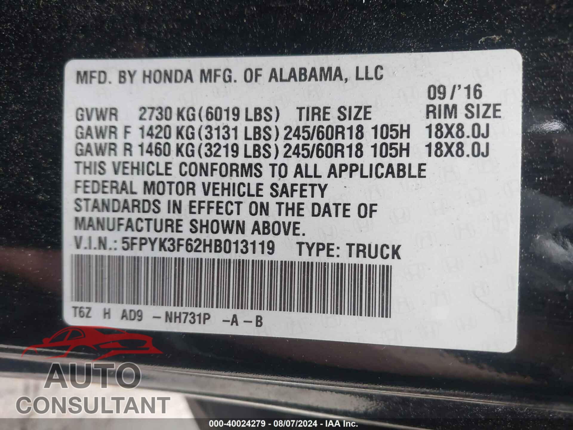 HONDA RIDGELINE 2017 - 5FPYK3F62HB013119