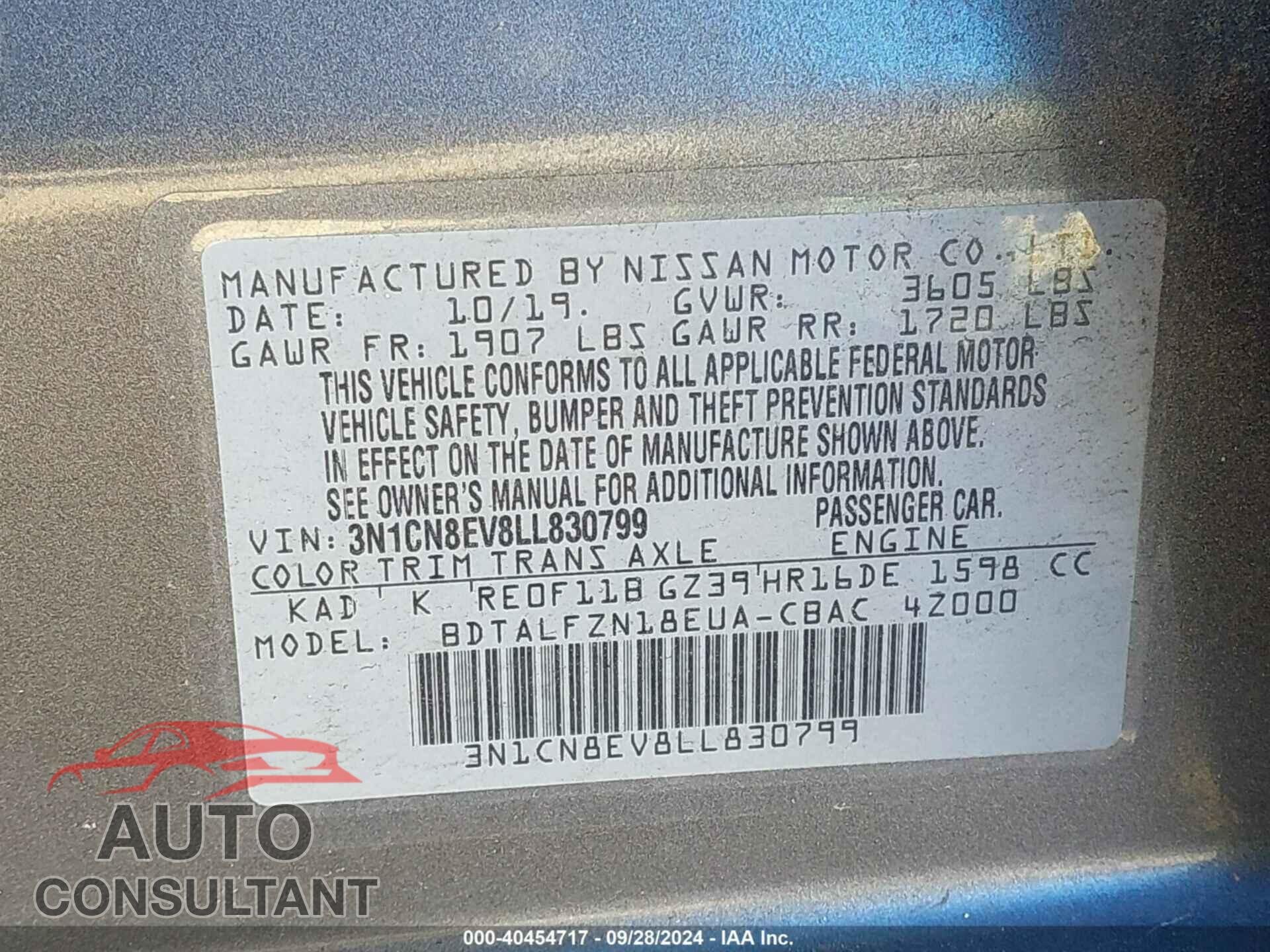 NISSAN VERSA 2020 - 3N1CN8EV8LL830799