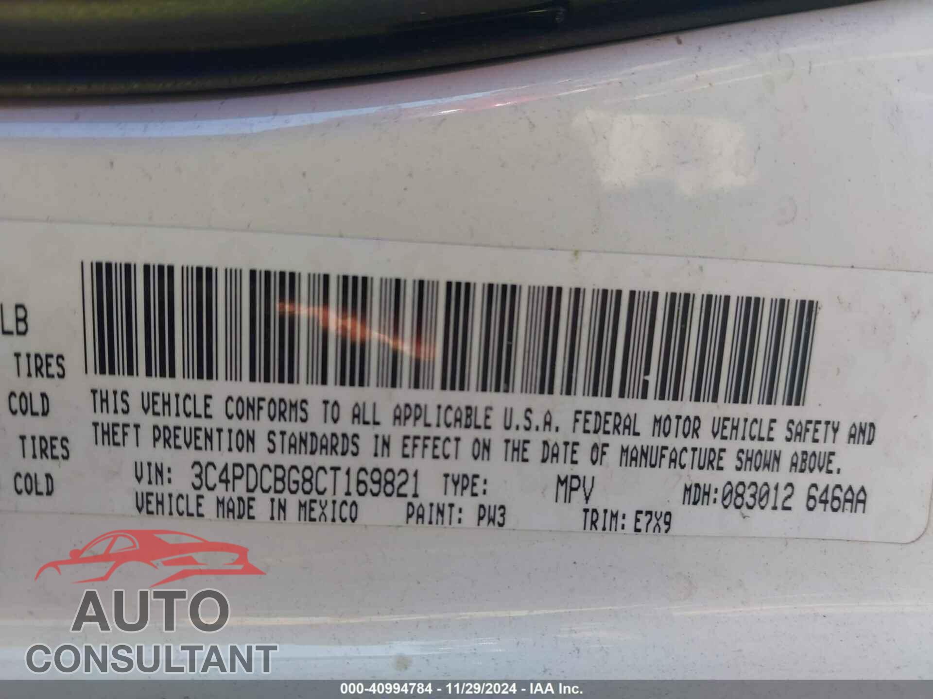DODGE JOURNEY 2012 - 3C4PDCBG8CT169821