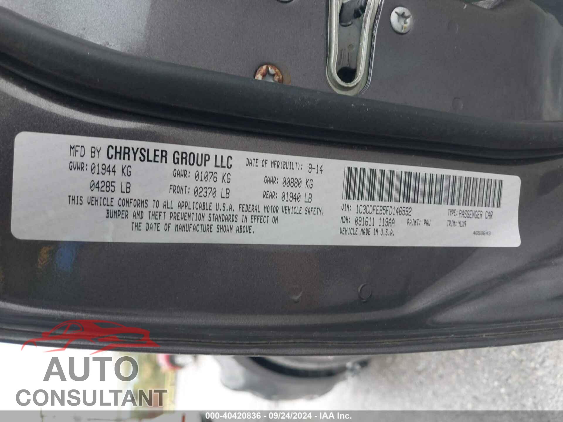 DODGE DART 2015 - 1C3CDFEB5FD146592