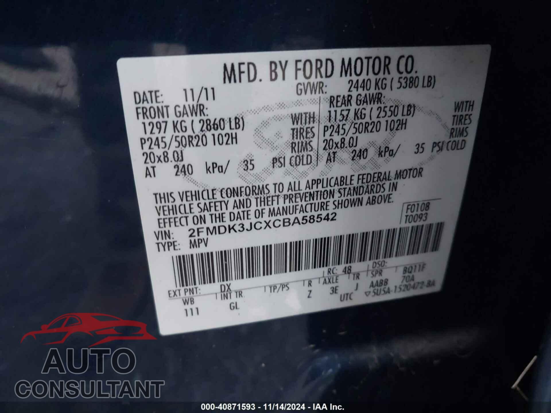 FORD EDGE 2012 - 2FMDK3JCXCBA58542